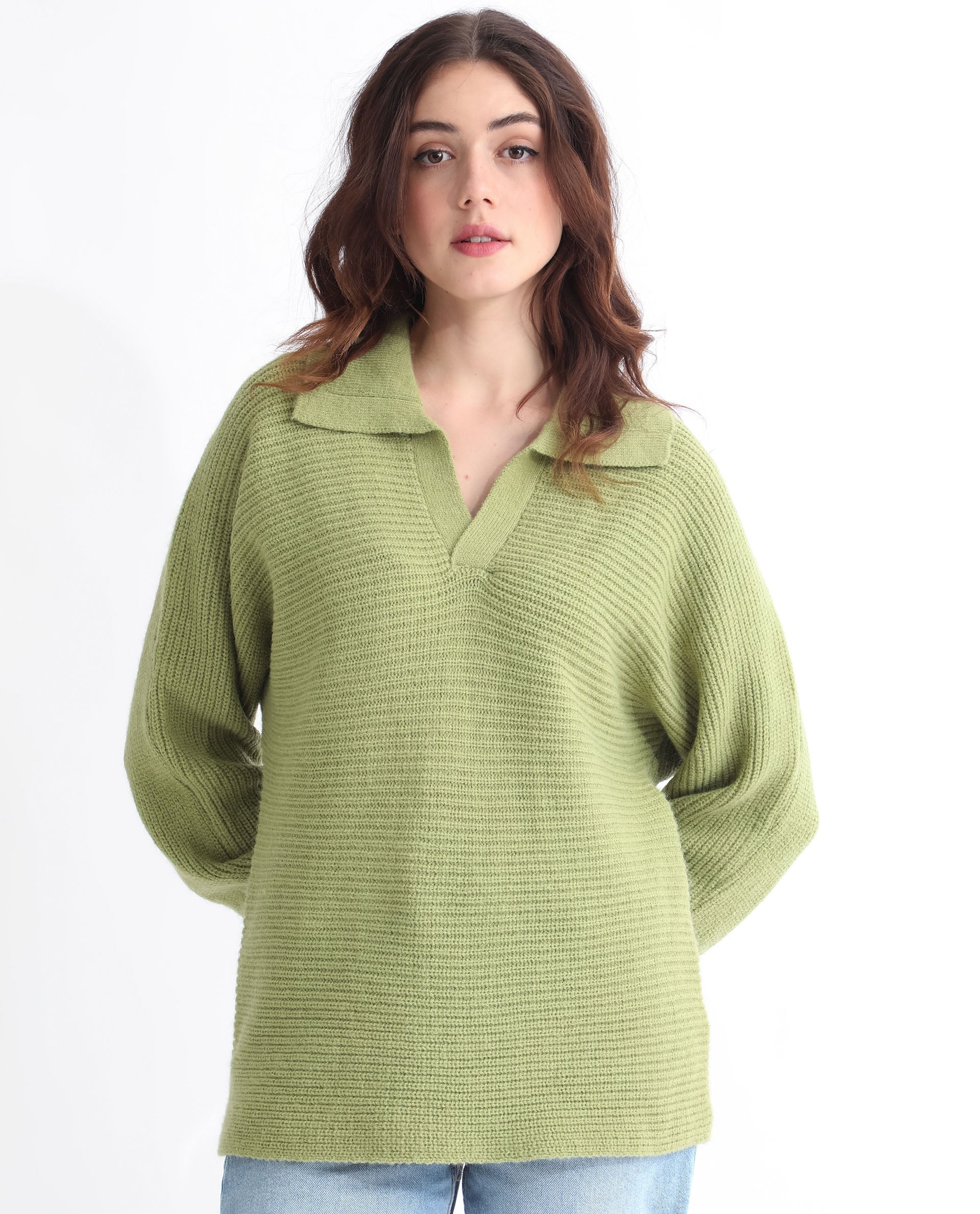 Rareism Women Cecile Dusky Green Acrylic Fabric Full Sleeves Relaxed Fit Solid Drop Collar Sweater