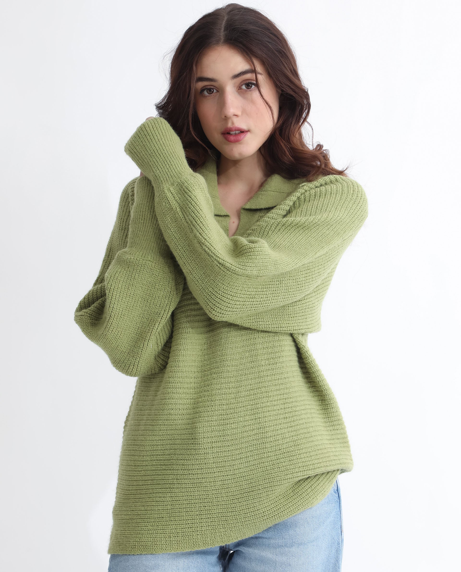 Rareism Women Cecile Dusky Green Acrylic Fabric Full Sleeves Relaxed Fit Solid Drop Collar Sweater
