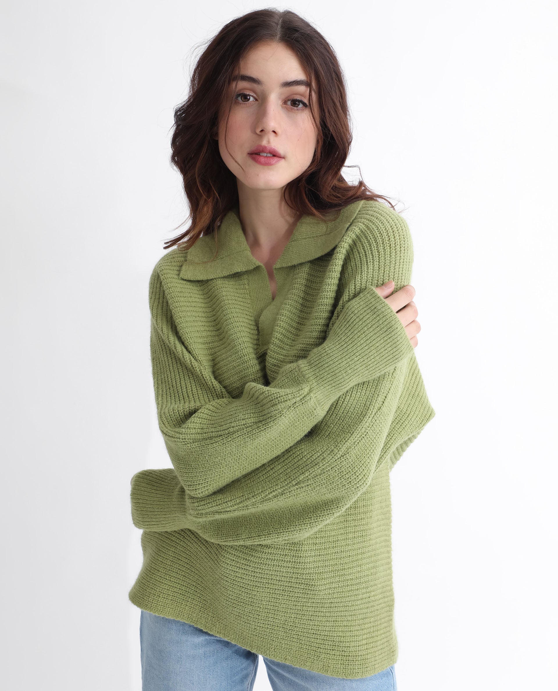 Rareism Women Cecile Dusky Green Acrylic Fabric Full Sleeves Relaxed Fit Solid Drop Collar Sweater
