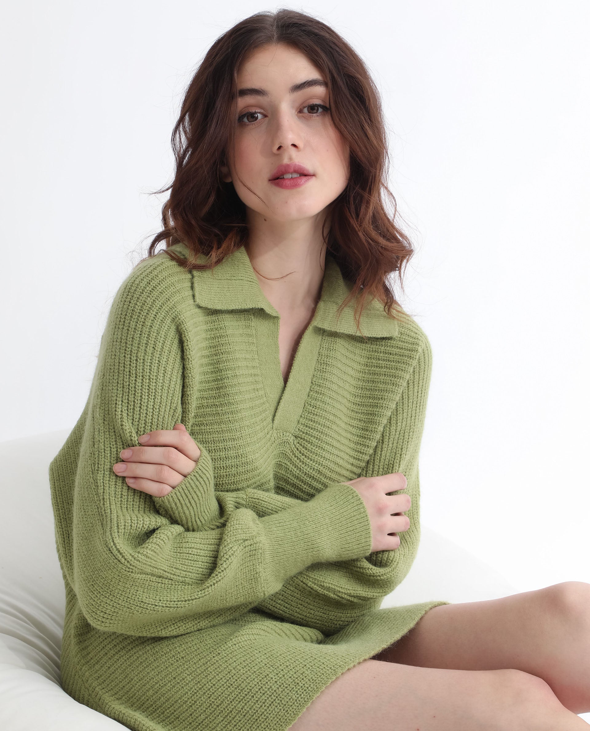 Rareism Women Cecile Dusky Green Acrylic Fabric Full Sleeves Relaxed Fit Solid Drop Collar Sweater