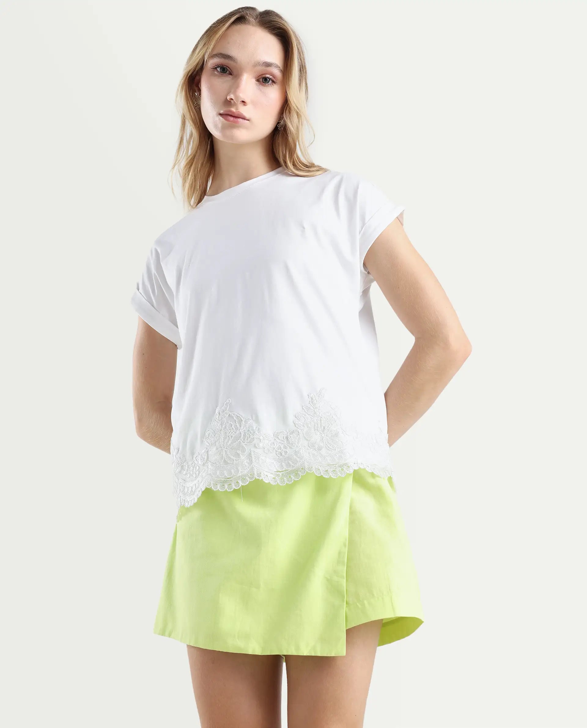 Rareism Women's Celo White Cotton Blend Crew Neck Regular Fit T-Shirt