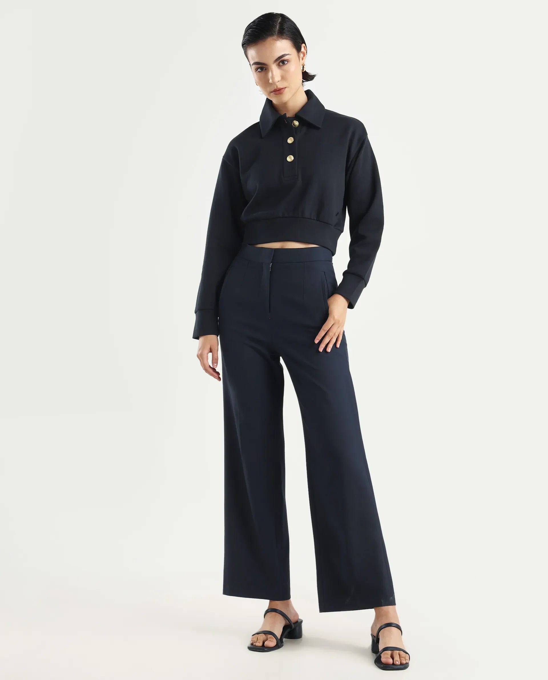 Rareism Women's Celtik Black Cotton Blend Drop Collar Plain Crop Relaxed Fit Sweatshirt