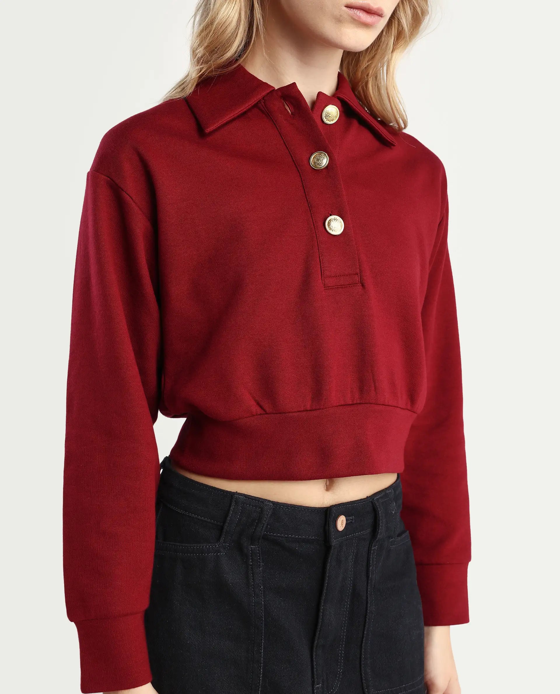 Rareism Women's Celtik Maroon Cotton Blend Drop Collar Plain Crop Relaxed Fit Sweatshirt