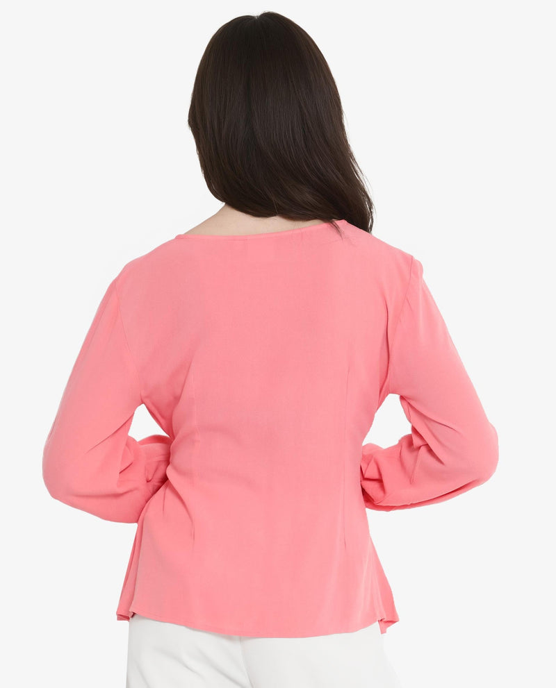 Rareism Women Centro Dark Pink Bishop Sleeve Boat Neck Plain Top