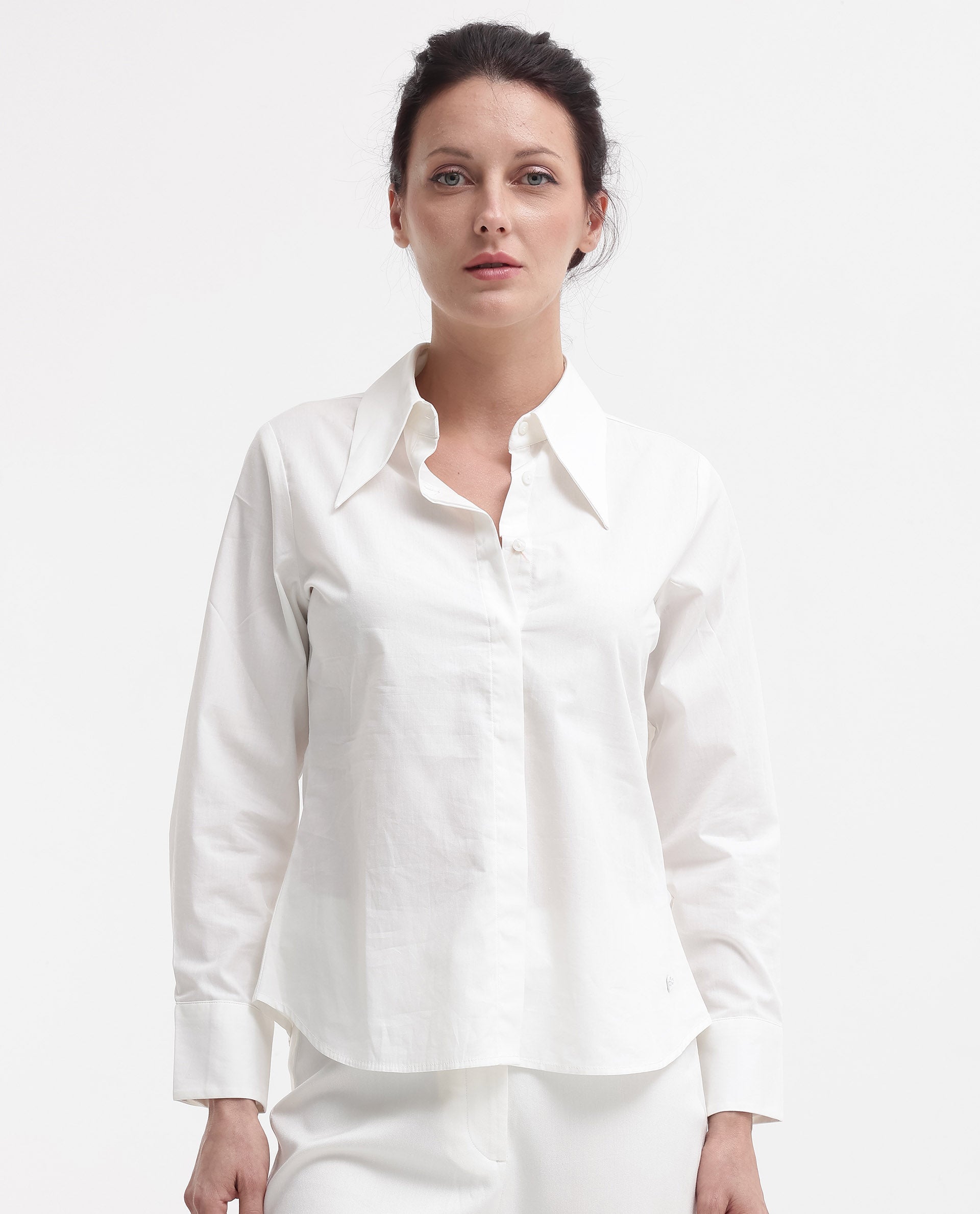 Rareism Women Ceos White Cuffed Sleeve Collared Neck Plain Top