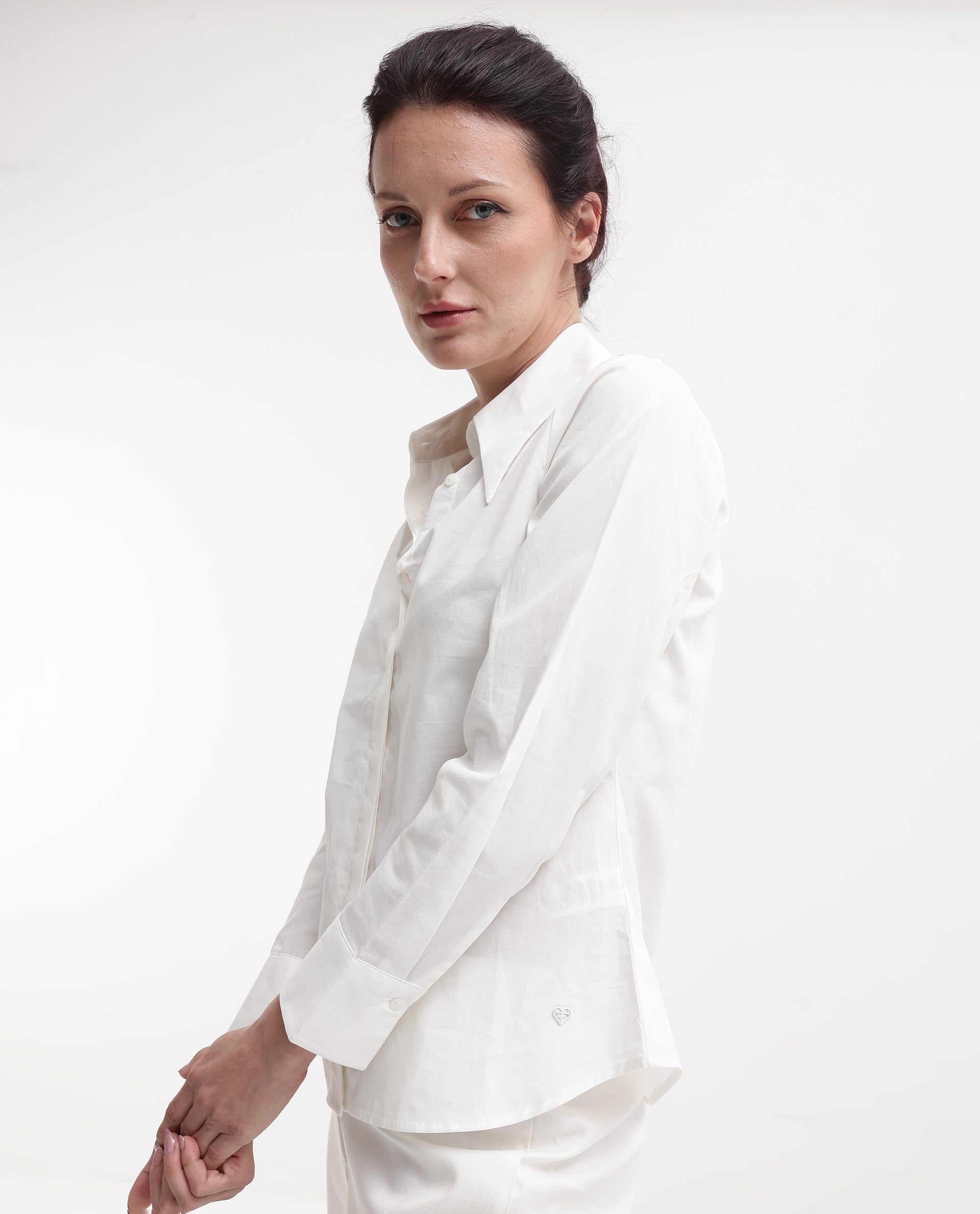 Rareism Women Ceos White Cuffed Sleeve Collared Neck Plain Top
