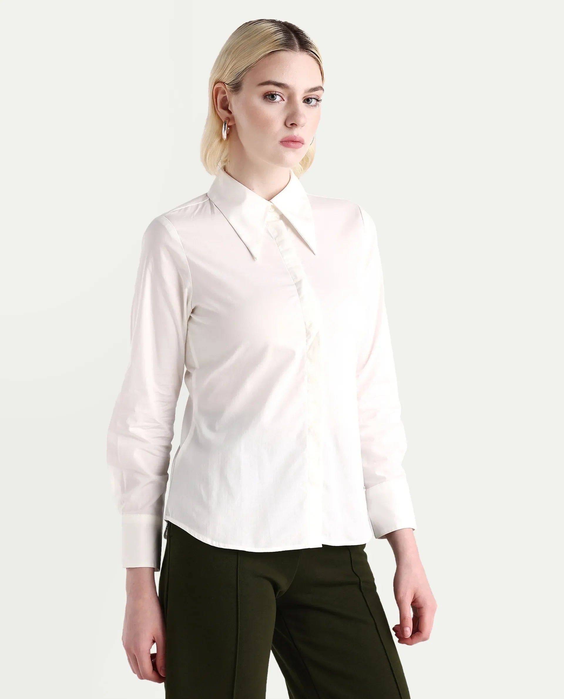 Rareism Women's Ceos White Cotton Spread Collar Plain Cuffed Sleeve Regular Fit Top