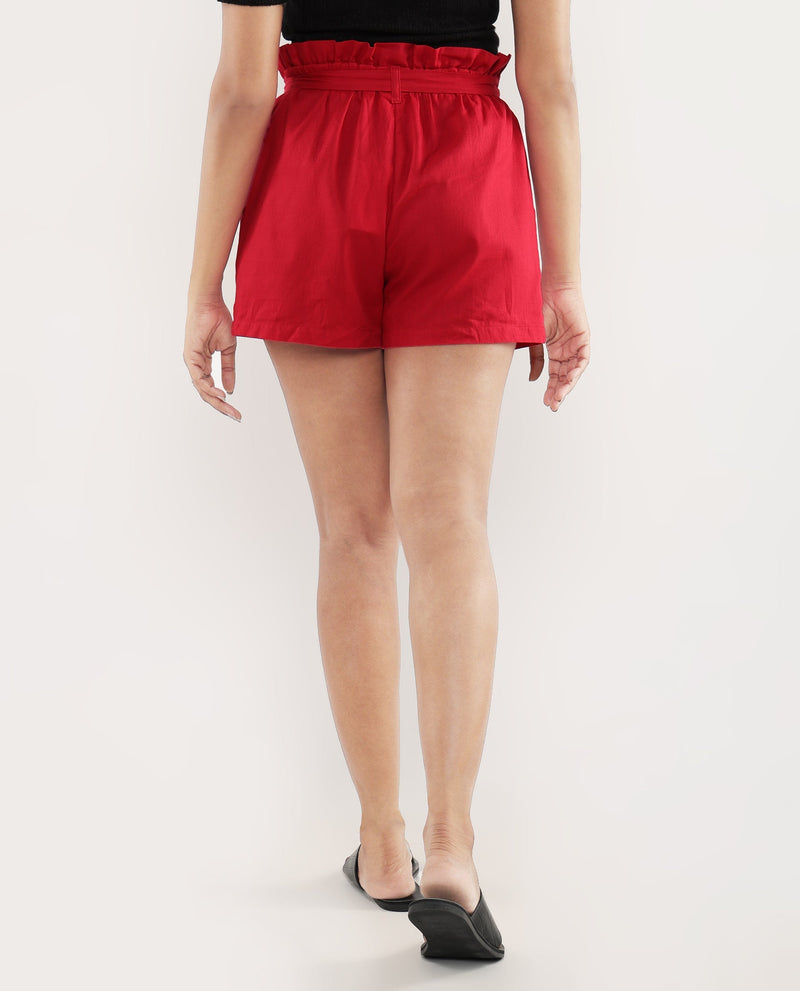 Rareism Women Cerig Red Cotton Fabric Loop Plain Mini Shorts