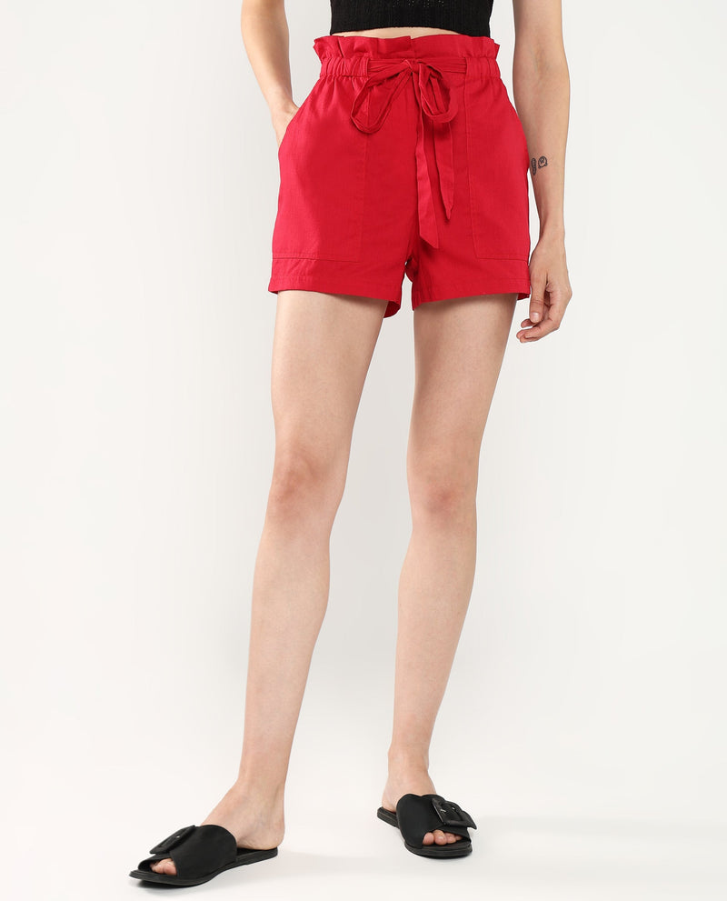 Rareism Women Cerig Red Cotton Fabric Loop Plain Mini Shorts