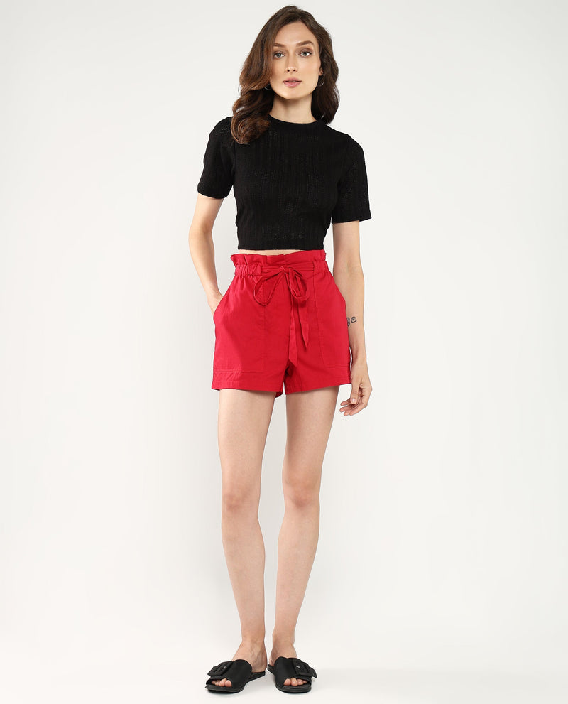 Rareism Women Cerig Red Cotton Fabric Loop Plain Mini Shorts