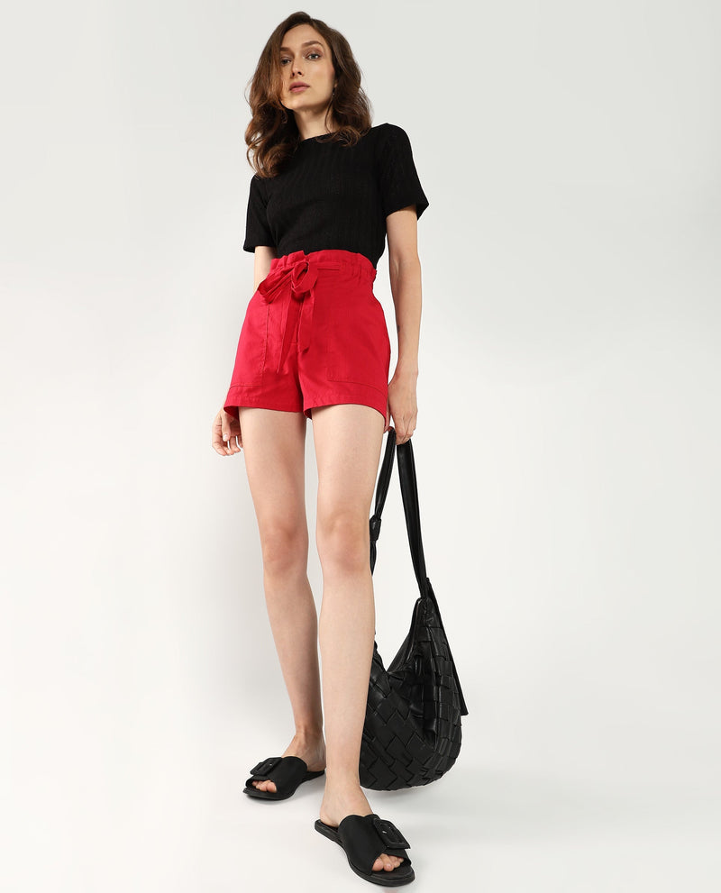 Rareism Women Cerig Red Cotton Fabric Loop Plain Mini Shorts