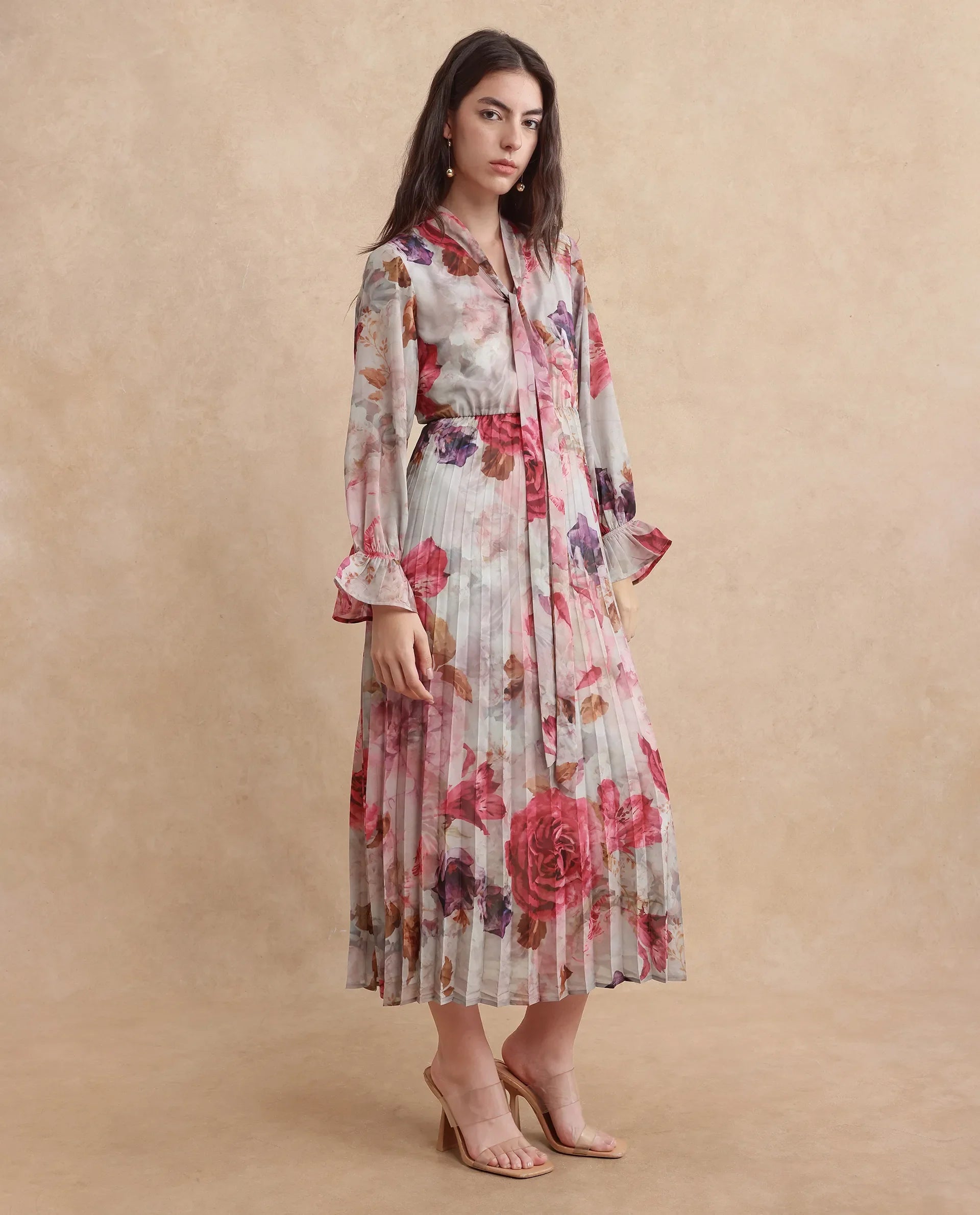 Rareism Women's Cerno Multi Polyester Blend Tie-Up Neck Floral Print Maxi Flared Dress