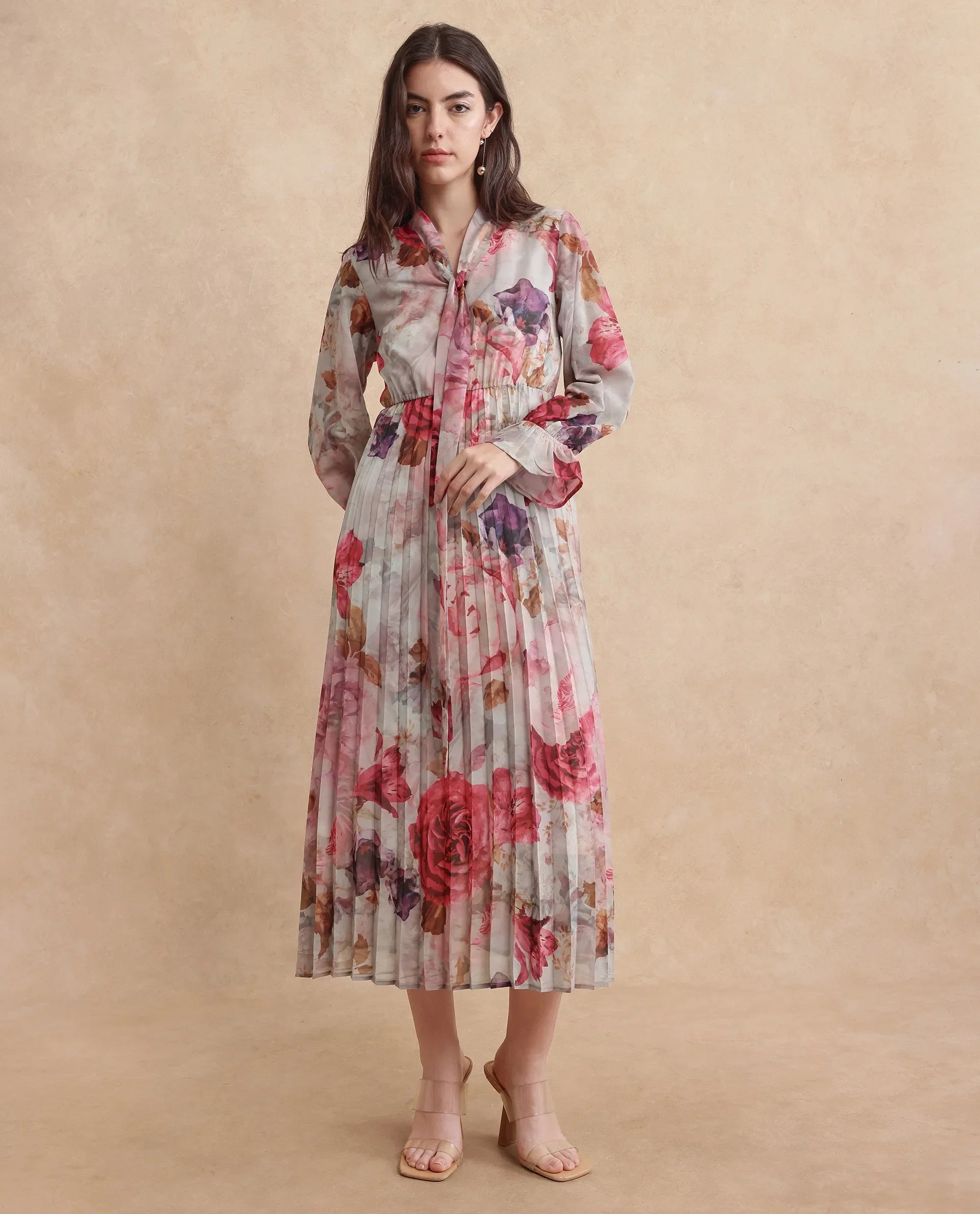 Rareism Women's Cerno Multi Polyester Blend Tie-Up Neck Floral Print Maxi Flared Dress