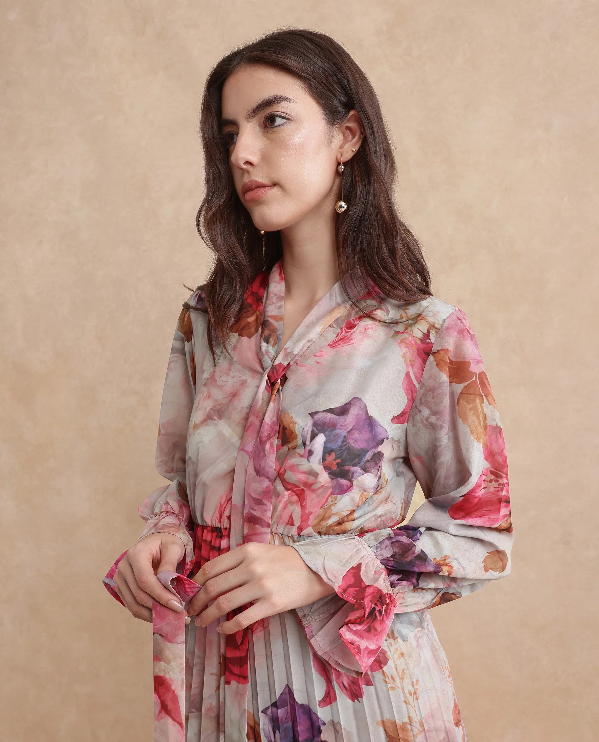 Rareism Women's Cerno Multi Polyester Blend Tie-Up Neck Floral Print Maxi Flared Dress