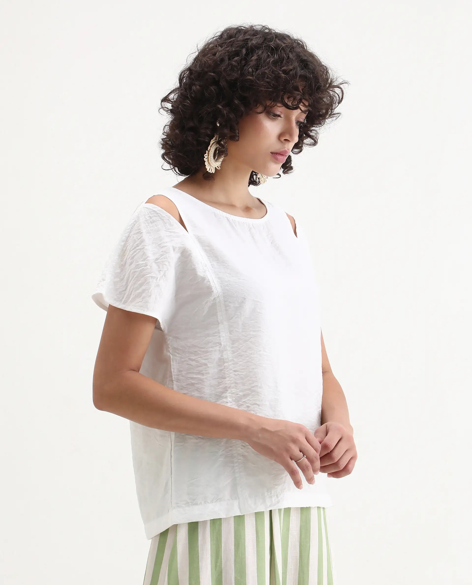Rareism Women's Chabert White Nylon Blend Boat Neck Plain Extended Sleeves Regular Fit Top
