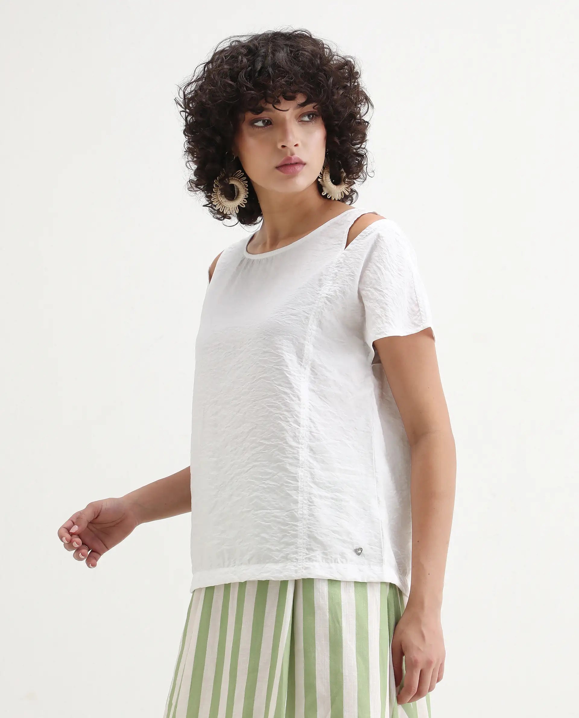 Rareism Women's Chabert White Nylon Blend Boat Neck Plain Extended Sleeves Regular Fit Top