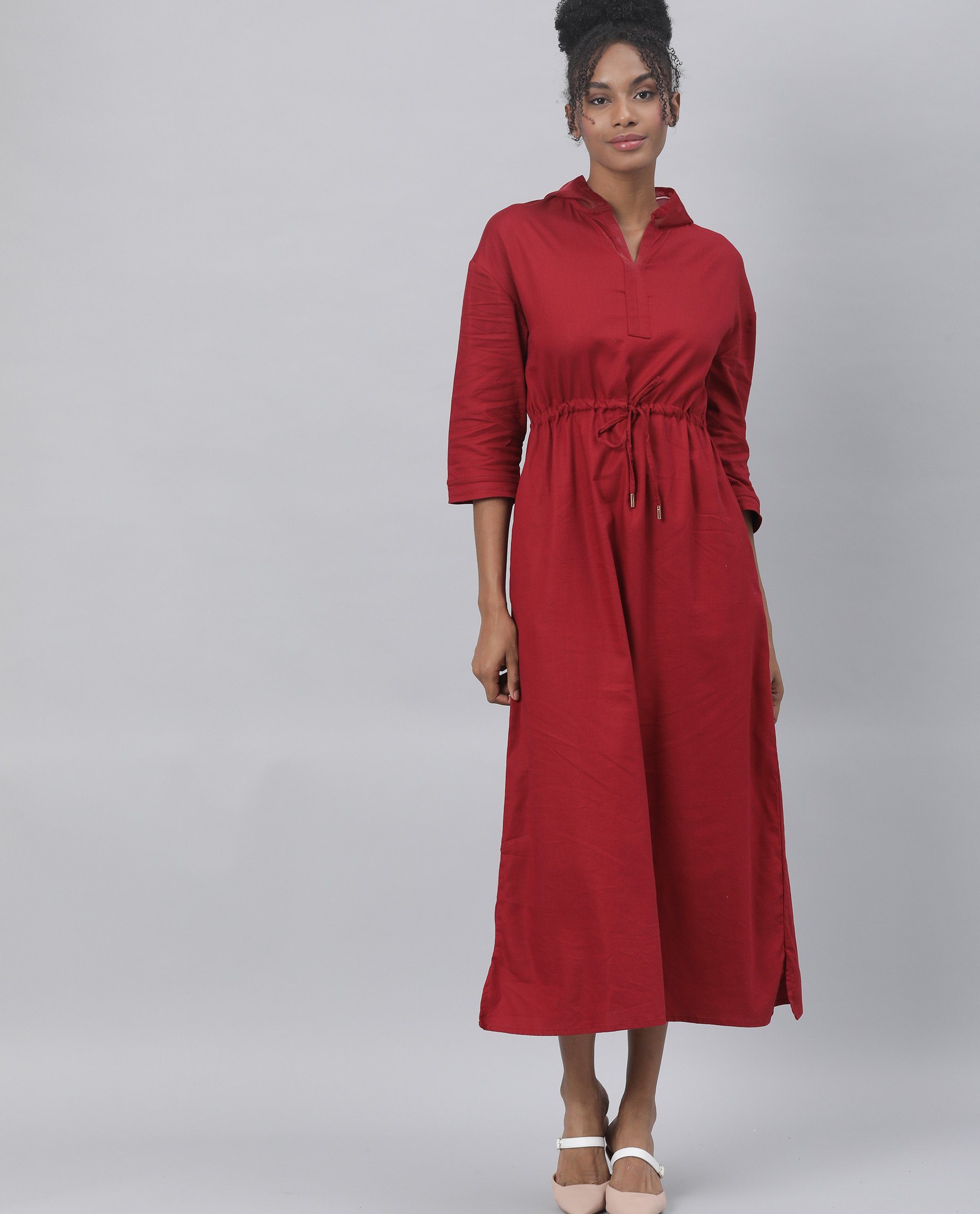 Rareism Womens Chalk Maroon Dress Tencel Fabric Hooded Long Length