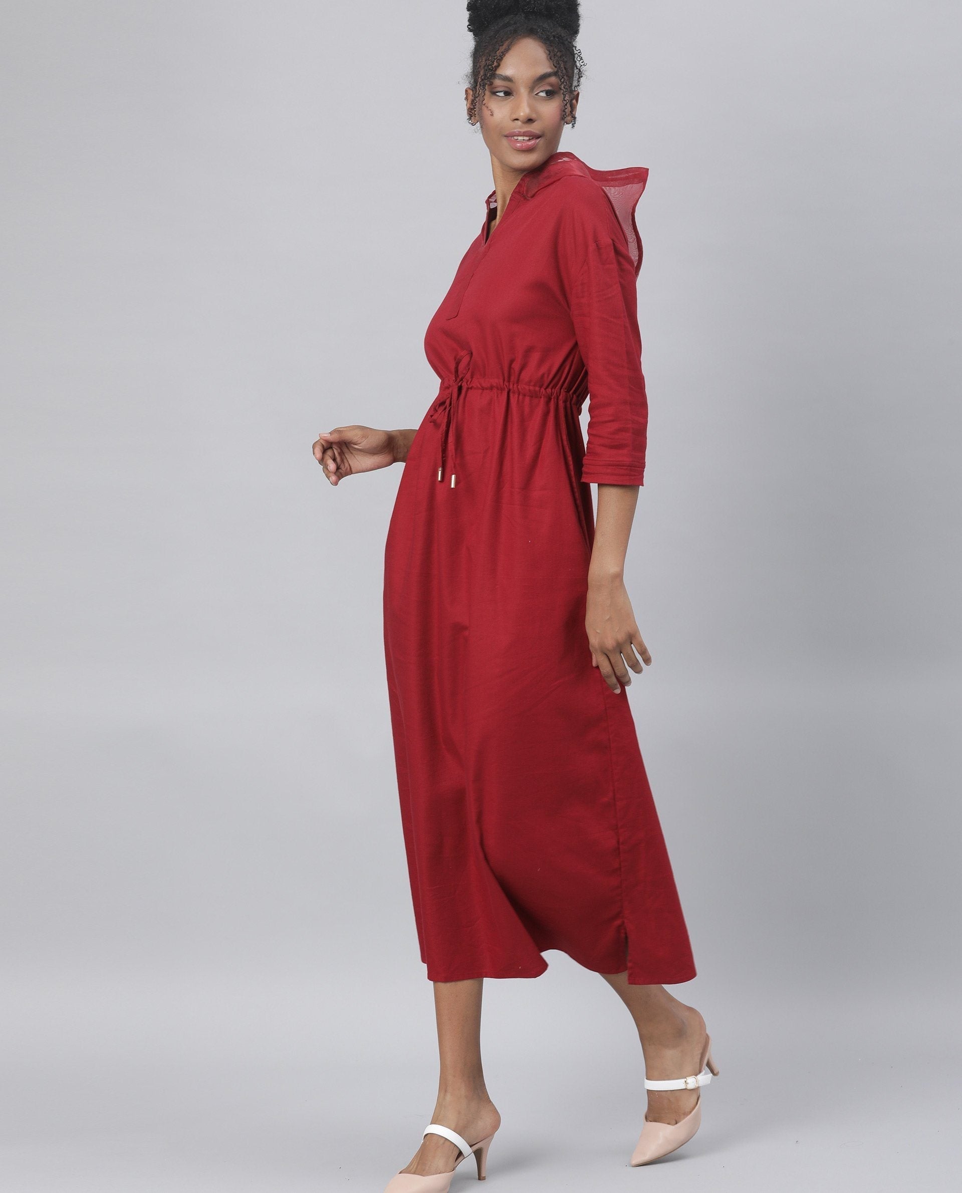 Rareism Womens Chalk Maroon Dress Tencel Fabric Hooded Long Length