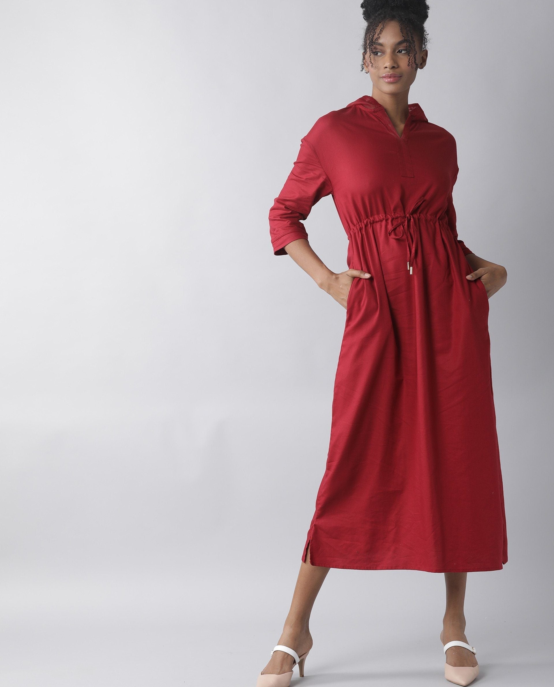 Rareism Womens Chalk Maroon Dress Tencel Fabric Hooded Long Length