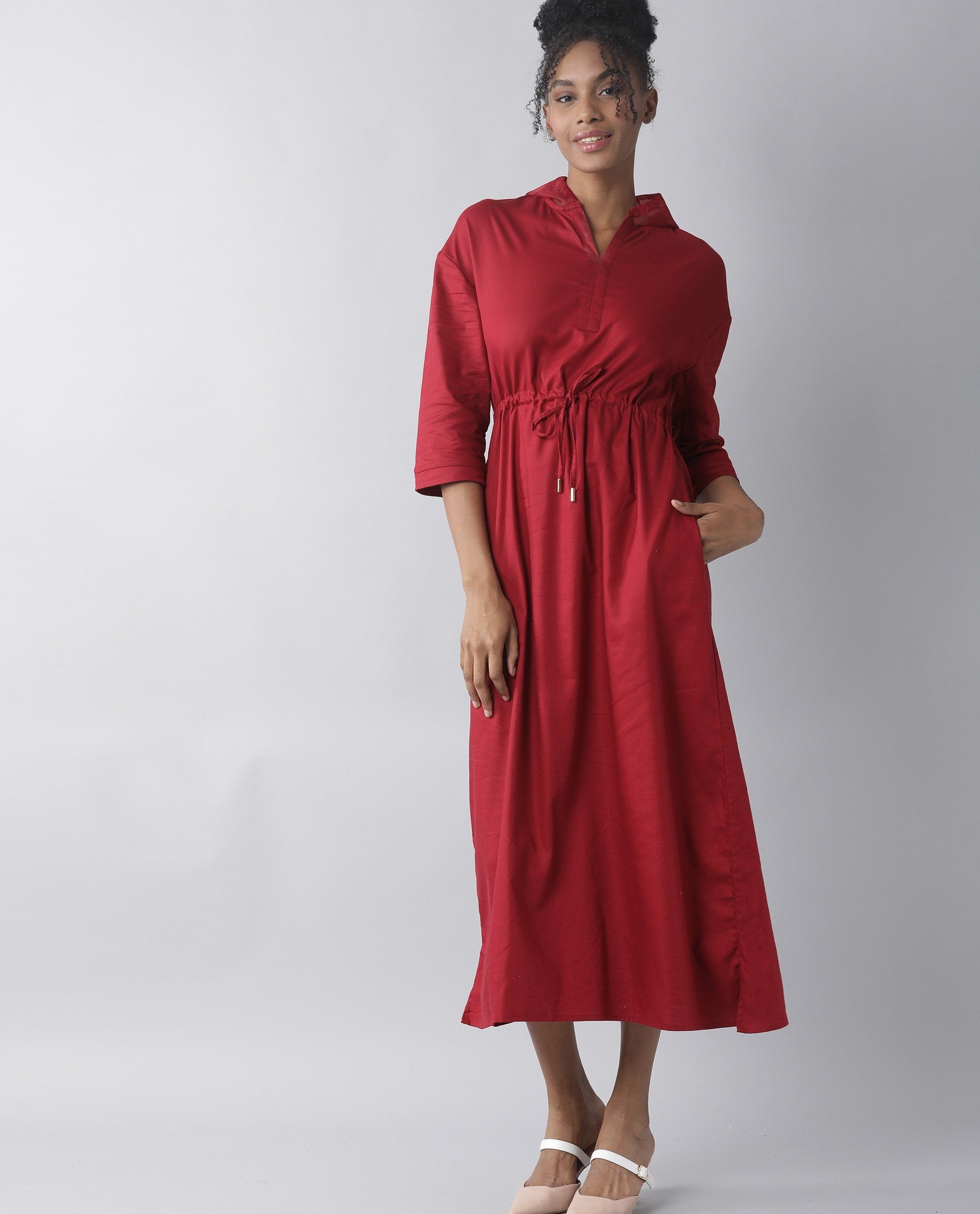 Rareism Womens Chalk Maroon Dress Tencel Fabric Hooded Long Length