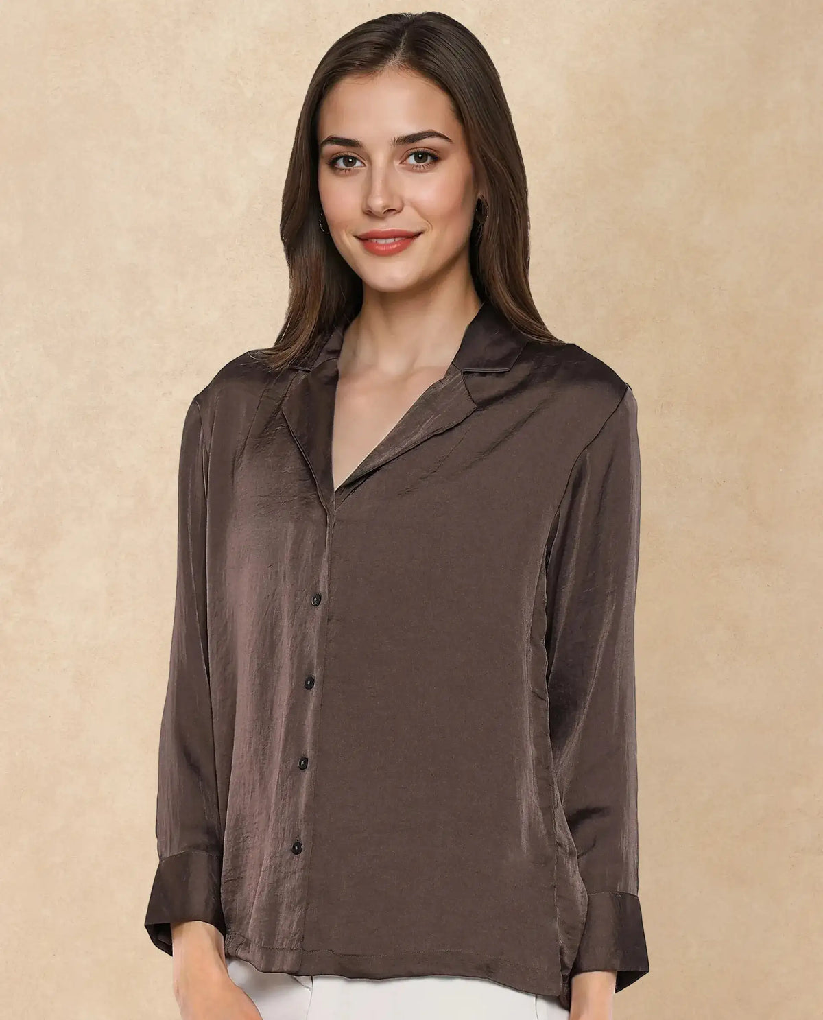 Rareism Women Chant Dark Brown Polyester Fabric Cuffed Sleeves Lapel Neck Plain Top