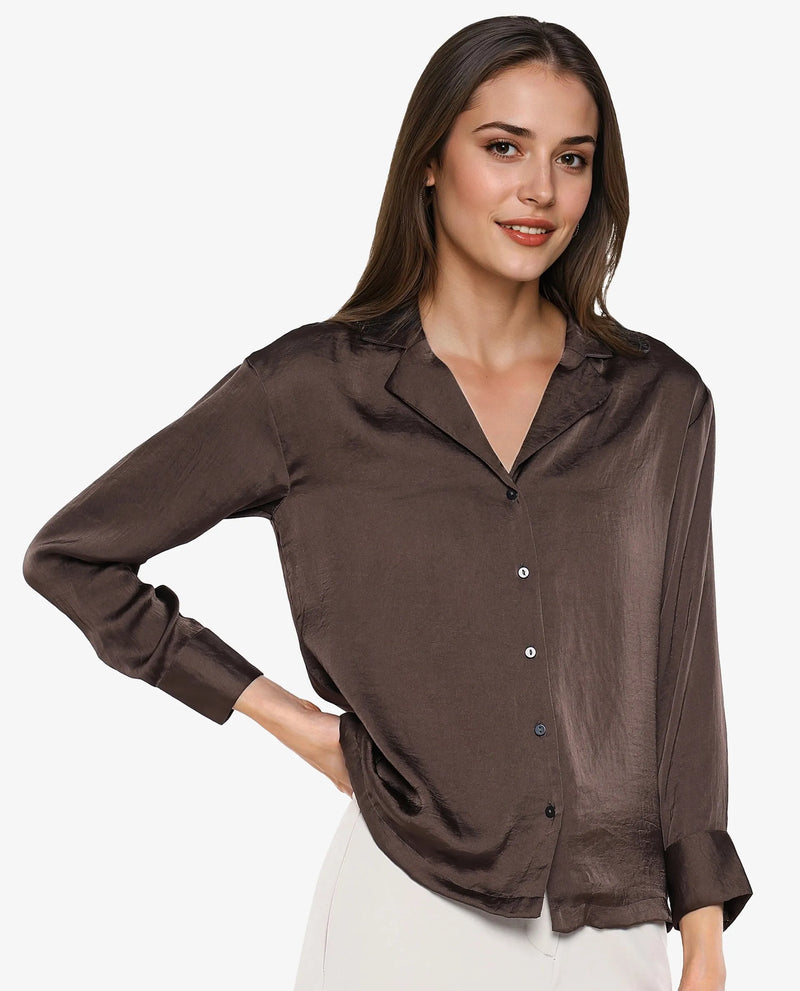 Rareism Women Chant Dark Brown Polyester Fabric Cuffed Sleeves Lapel Neck Plain Top