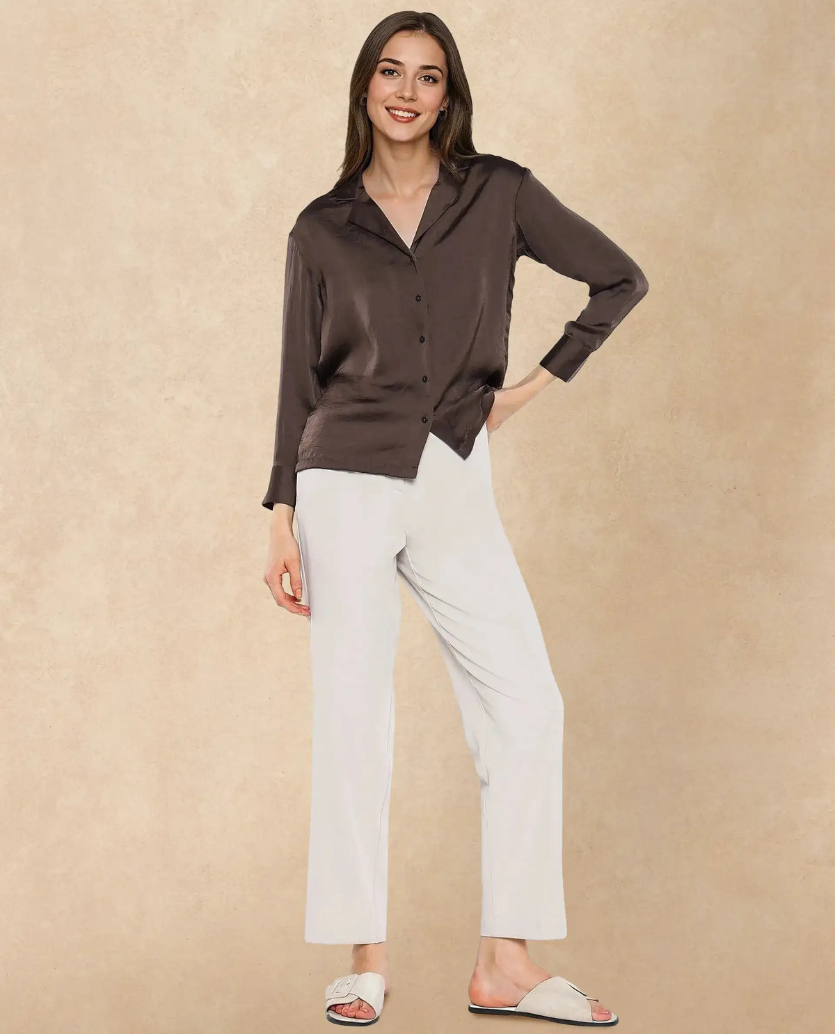 Rareism Women Chant Dark Brown Polyester Fabric Cuffed Sleeves Lapel Neck Plain Top