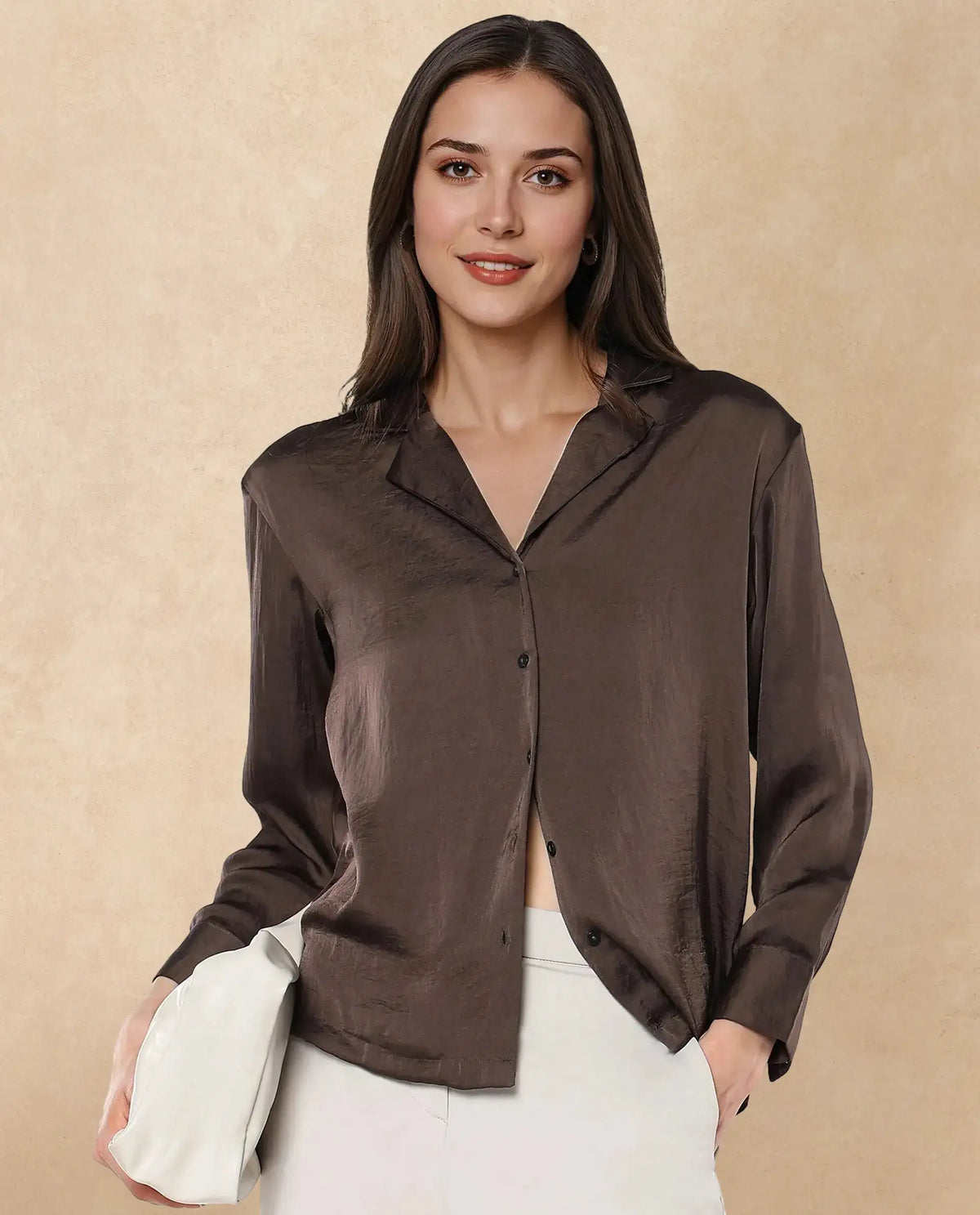 Rareism Women Chant Dark Brown Polyester Fabric Cuffed Sleeves Lapel Neck Plain Top