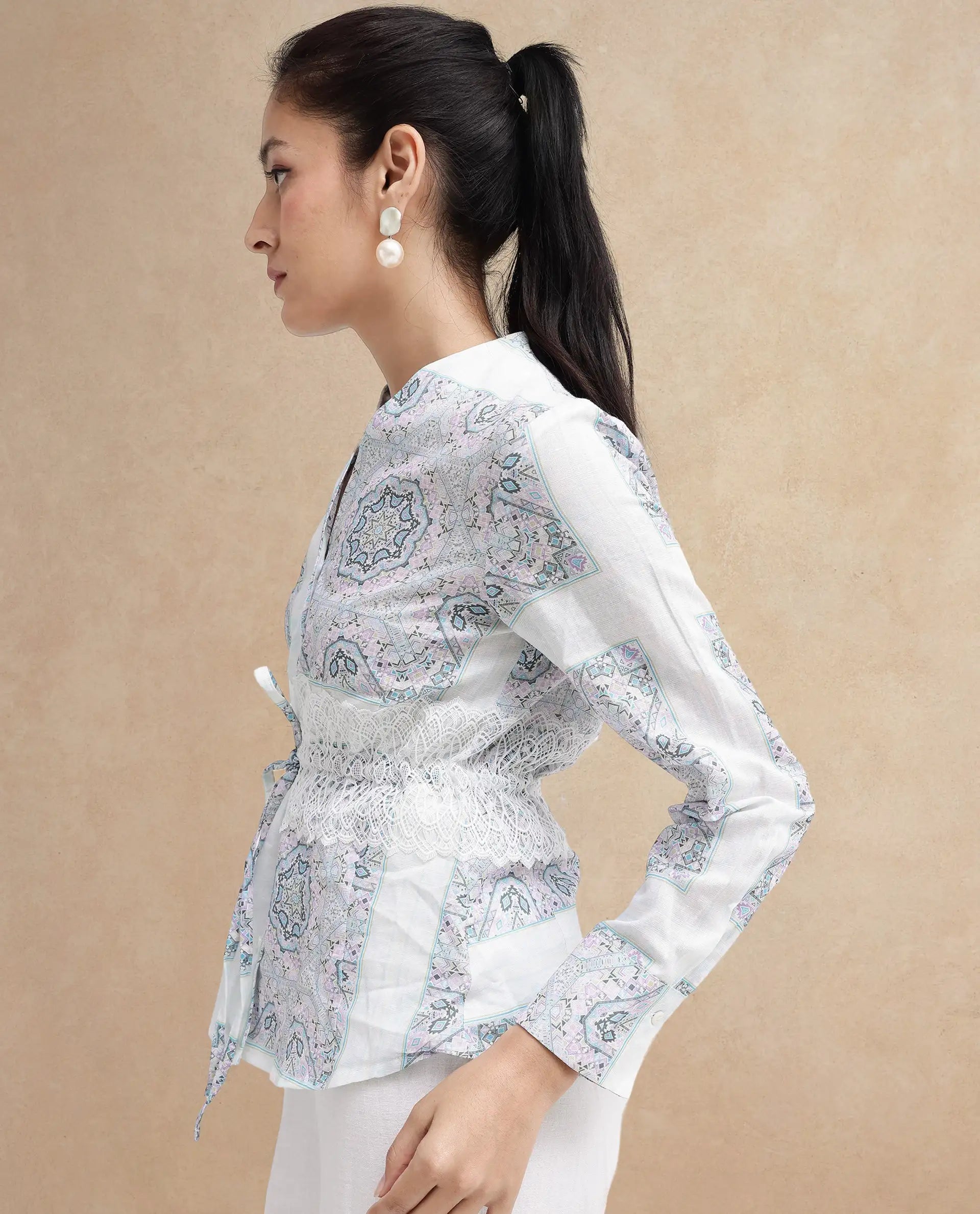 Rareism Women Chanteo-SC Light Multi Cuffed Sleeve V-Neck Button Abstract Print Top