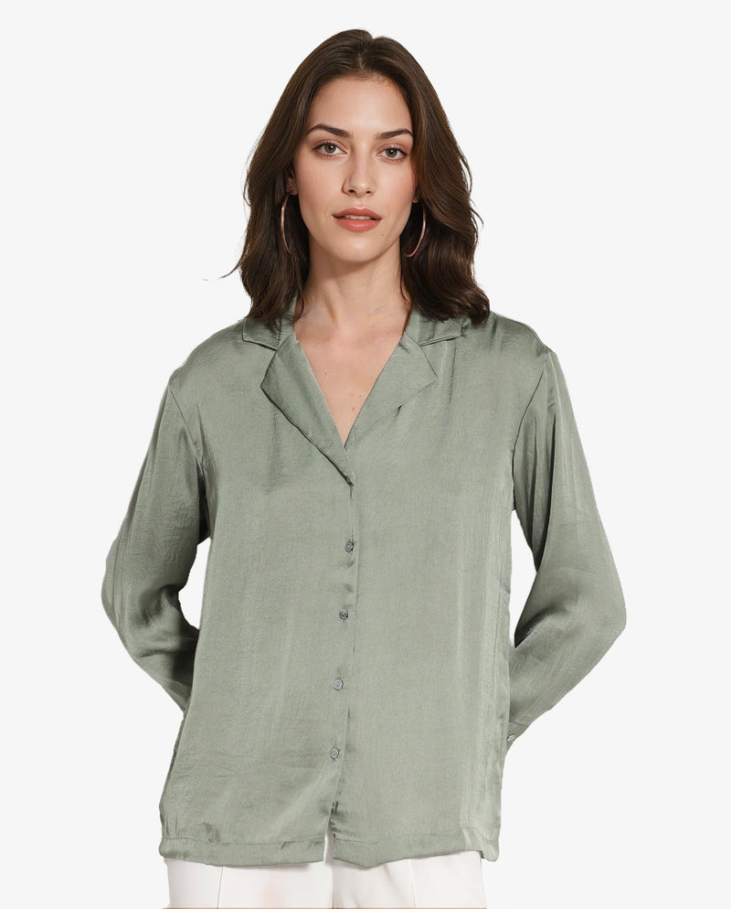 Rareism Women Chant Light Green Polyester Fabric Cuffed Sleeves Lapel Neck Plain Shirt