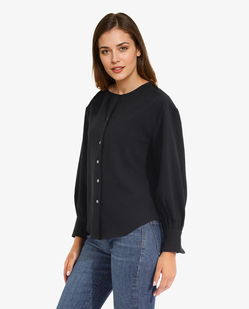 Rareism Women Chantrey Black Cotton Fabric Full Sleeve Round Neck Solid Regular Length Top