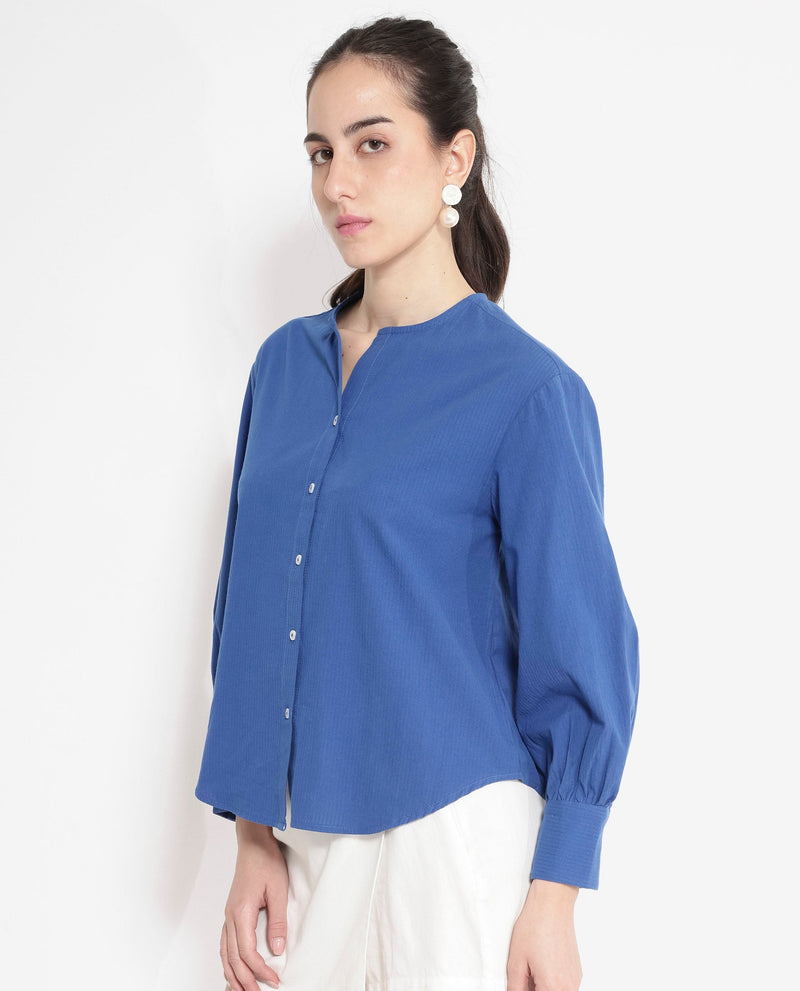 Rareism Women Chantreyo Blue Cuffed Sleeve Mandarin Collar Button Plain Top