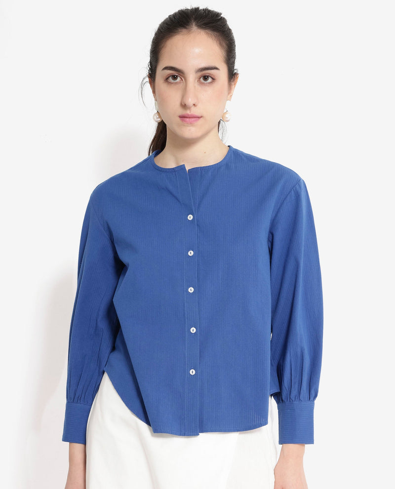 Rareism Women Chantreyo Blue Cuffed Sleeve Mandarin Collar Button Plain Top