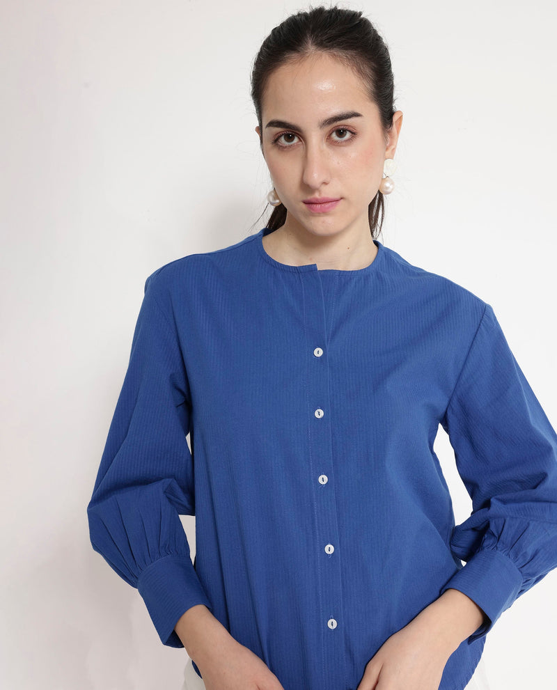 Rareism Women Chantreyo Blue Cuffed Sleeve Mandarin Collar Button Plain Top