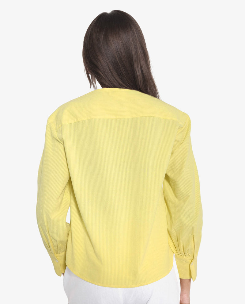 Rareism Women Chantreyo Yellow Cuffed Sleeve Mandarin Collar Button Plain Top