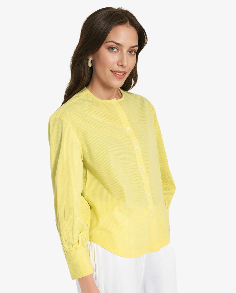 Rareism Women Chantreyo Yellow Cuffed Sleeve Mandarin Collar Button Plain Top