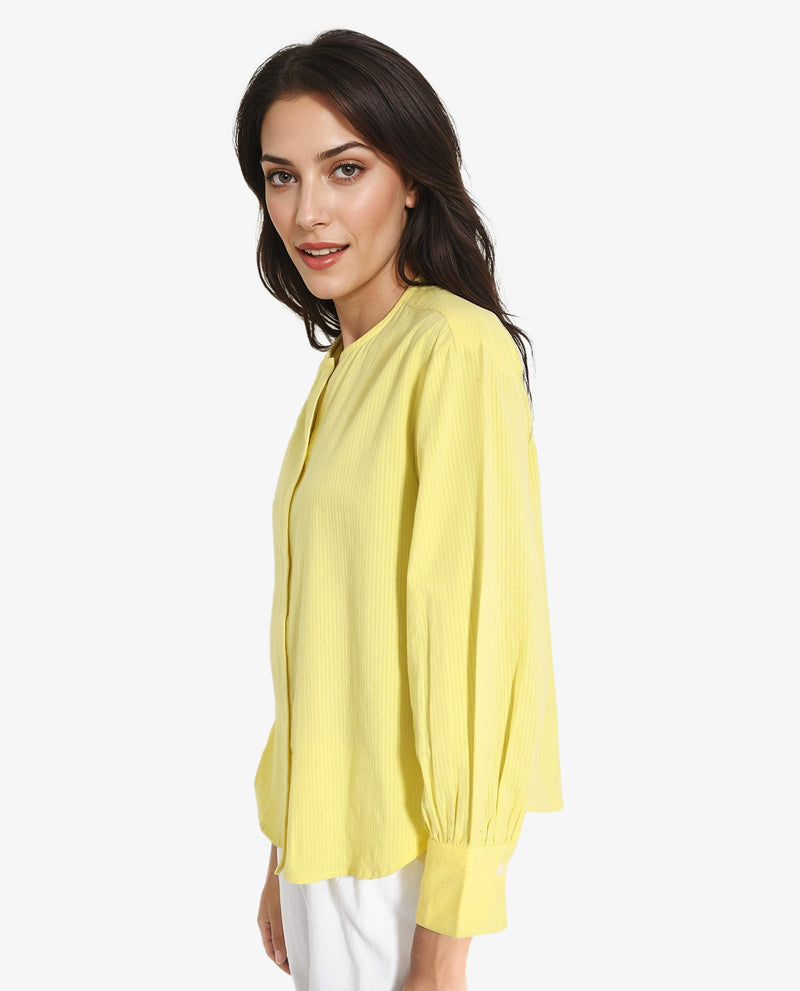 Rareism Women Chantreyo Yellow Cuffed Sleeve Mandarin Collar Button Plain Top