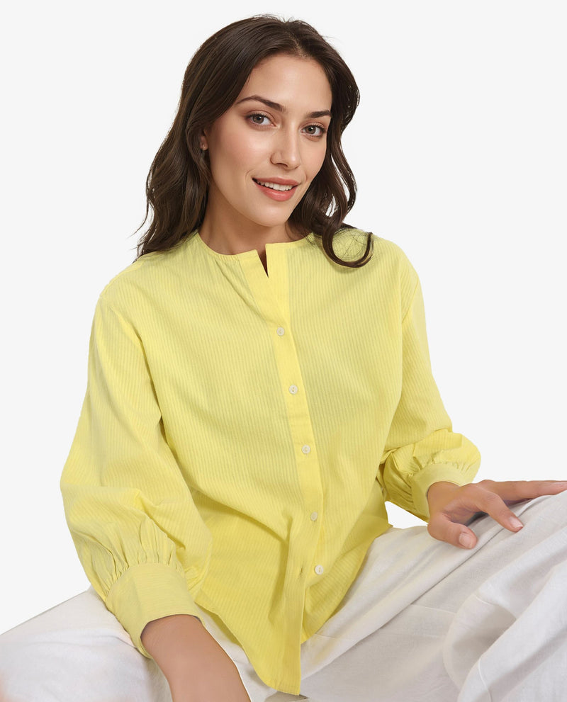 Rareism Women Chantreyo Yellow Cuffed Sleeve Mandarin Collar Button Plain Top