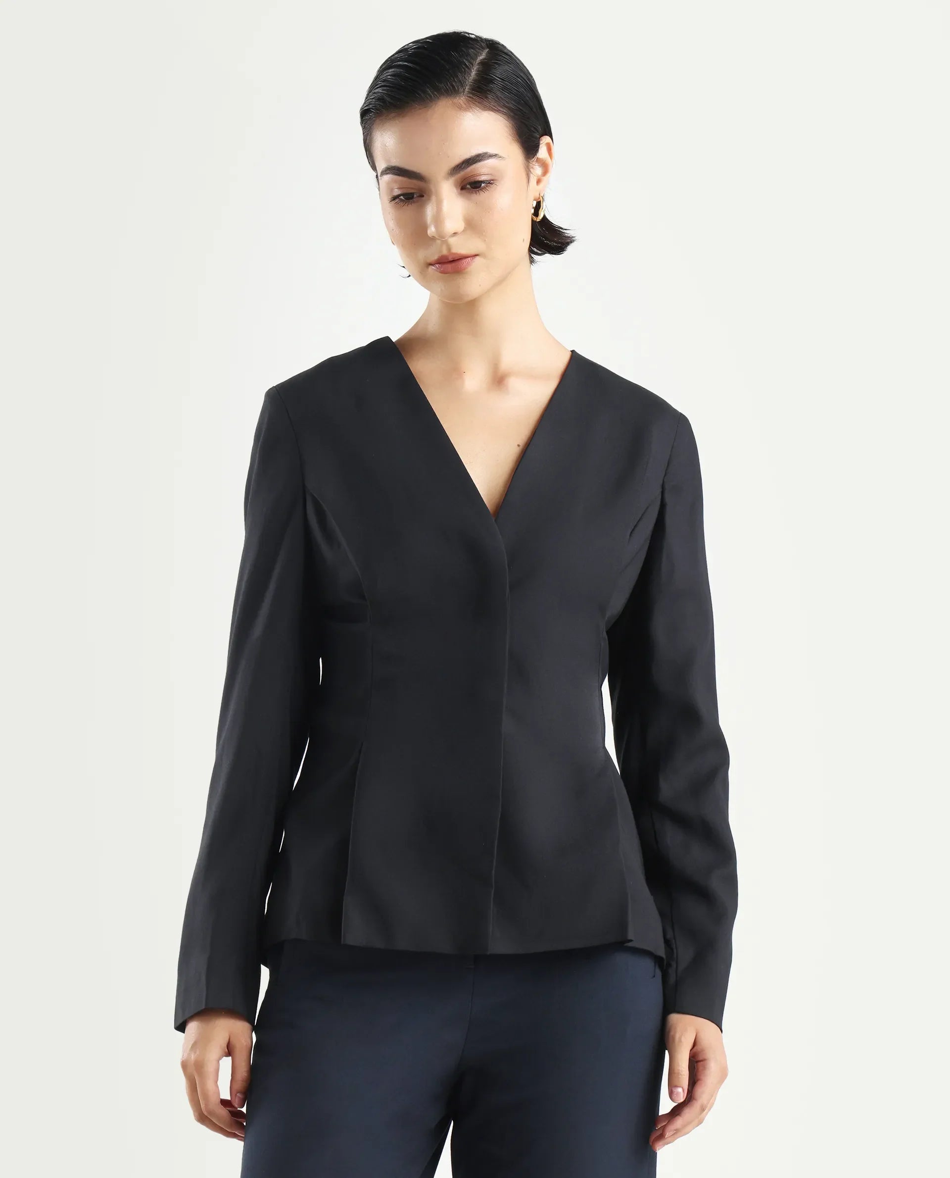 Rareism Women's Charal Black Cotton Blend Lapel Neck Plain Regular Fit Blazer