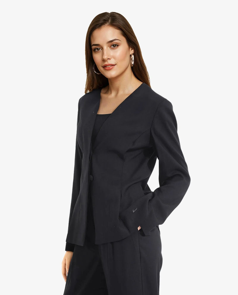 Rareism Women Charal Black Full Sleeve Lapel Neck Button Plain Blazer