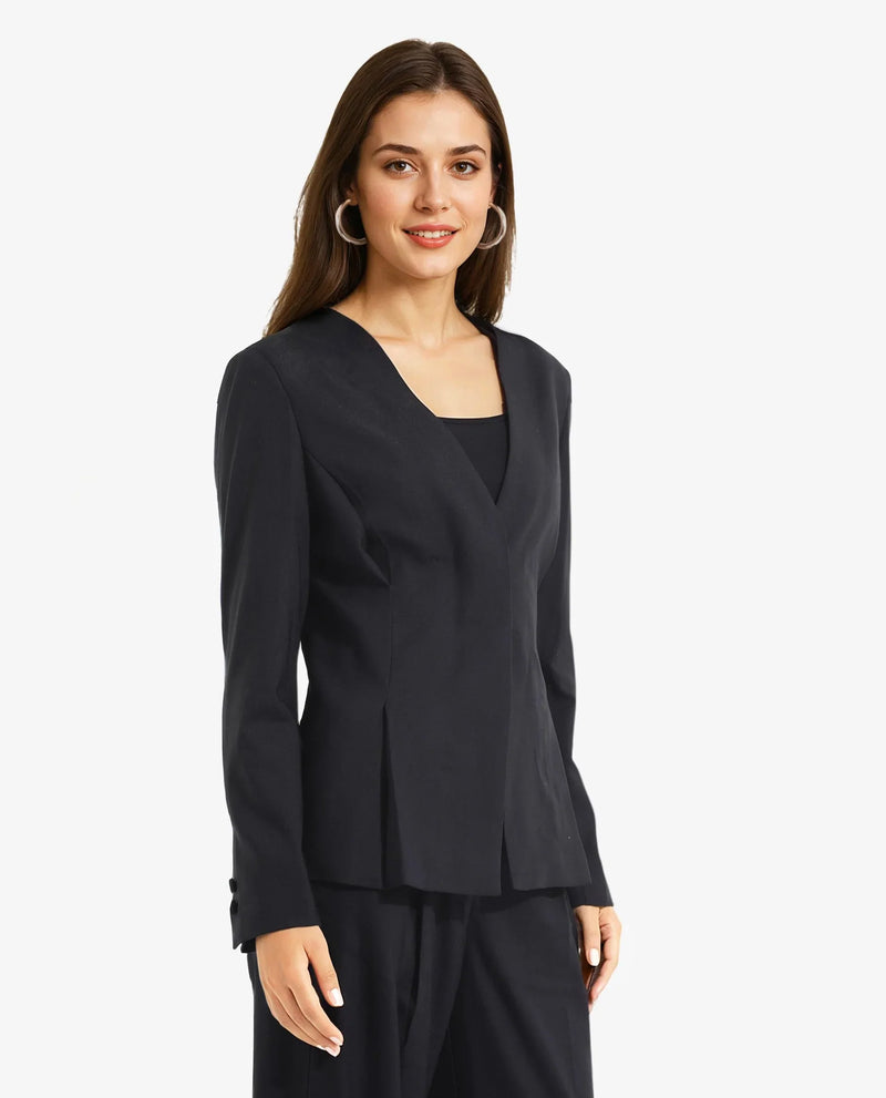 Rareism Women Charal Black Full Sleeve Lapel Neck Button Plain Blazer