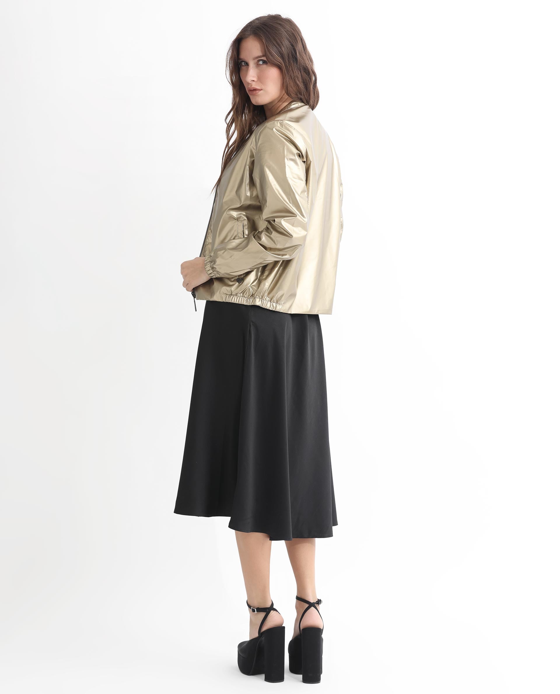 Rareism Women's Charlotte Gold Polyester Mandarin Collar Plain Regular Fit Jacket