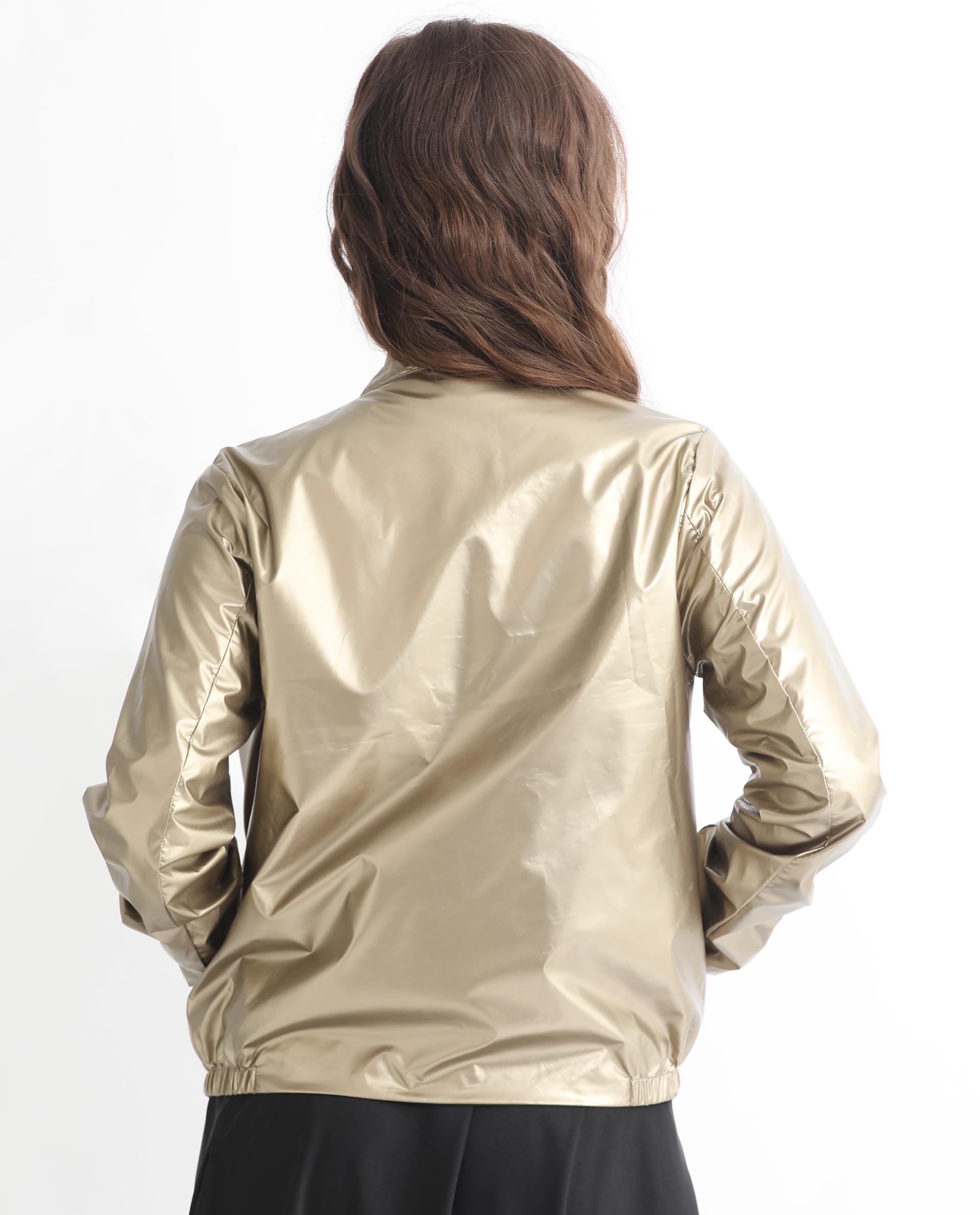 Rareism Women's Charlotte Gold Polyester Mandarin Collar Plain Regular Fit Jacket