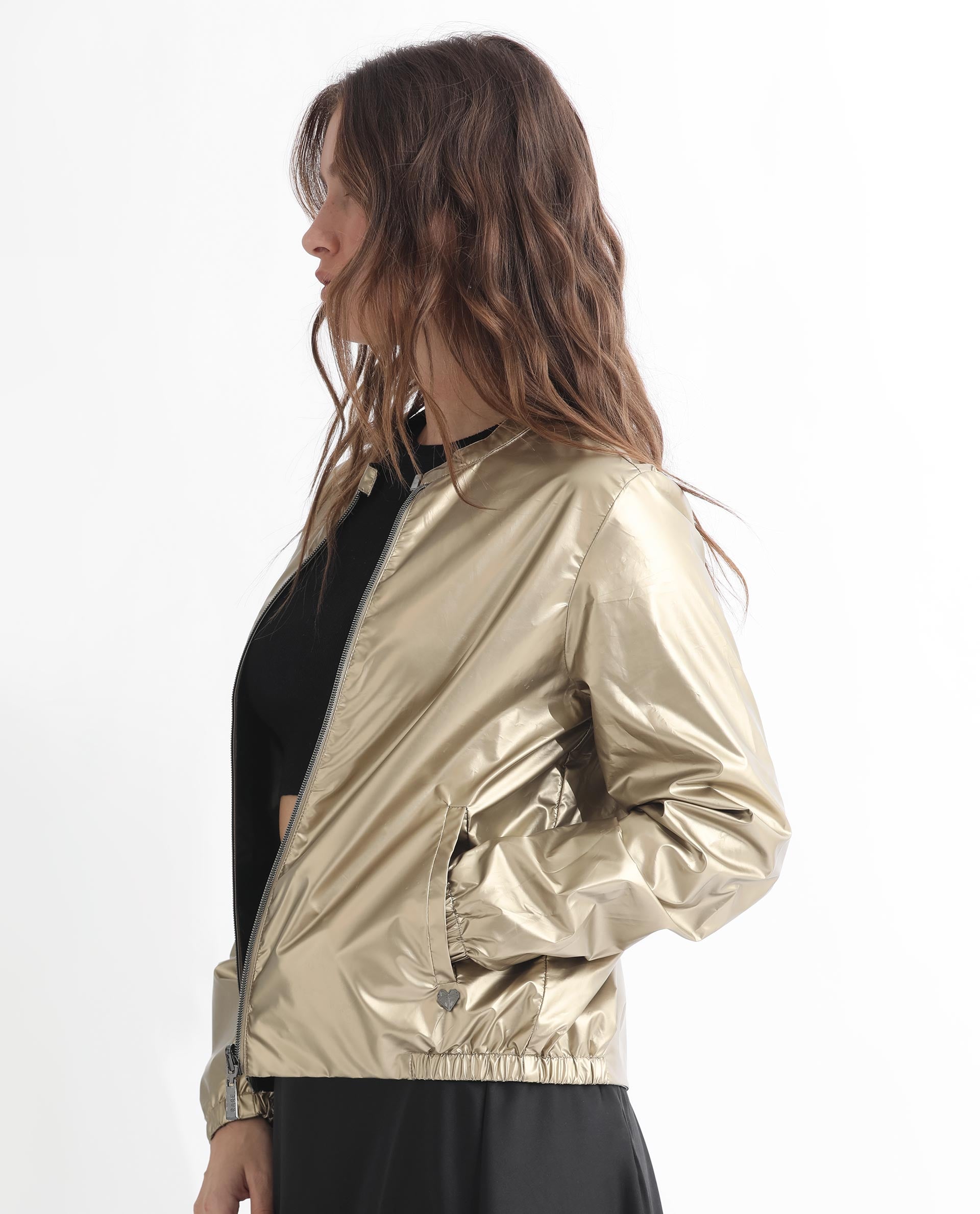 Rareism Women Charlotte Gold Polyester Fabric Full Sleeves Solid Mandarin Collar Jacket
