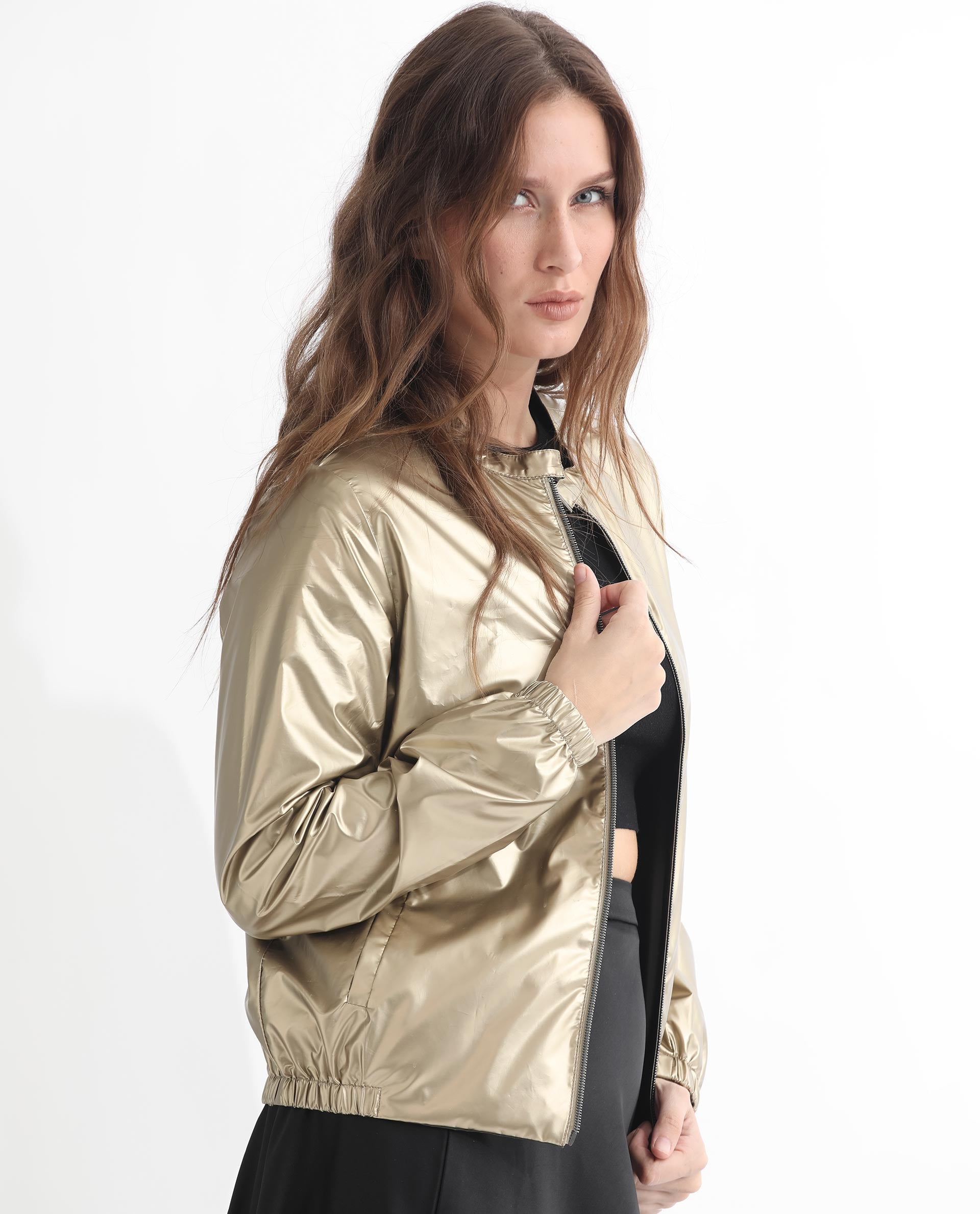 Rareism Women's Charlotte Gold Polyester Mandarin Collar Plain Regular Fit Jacket