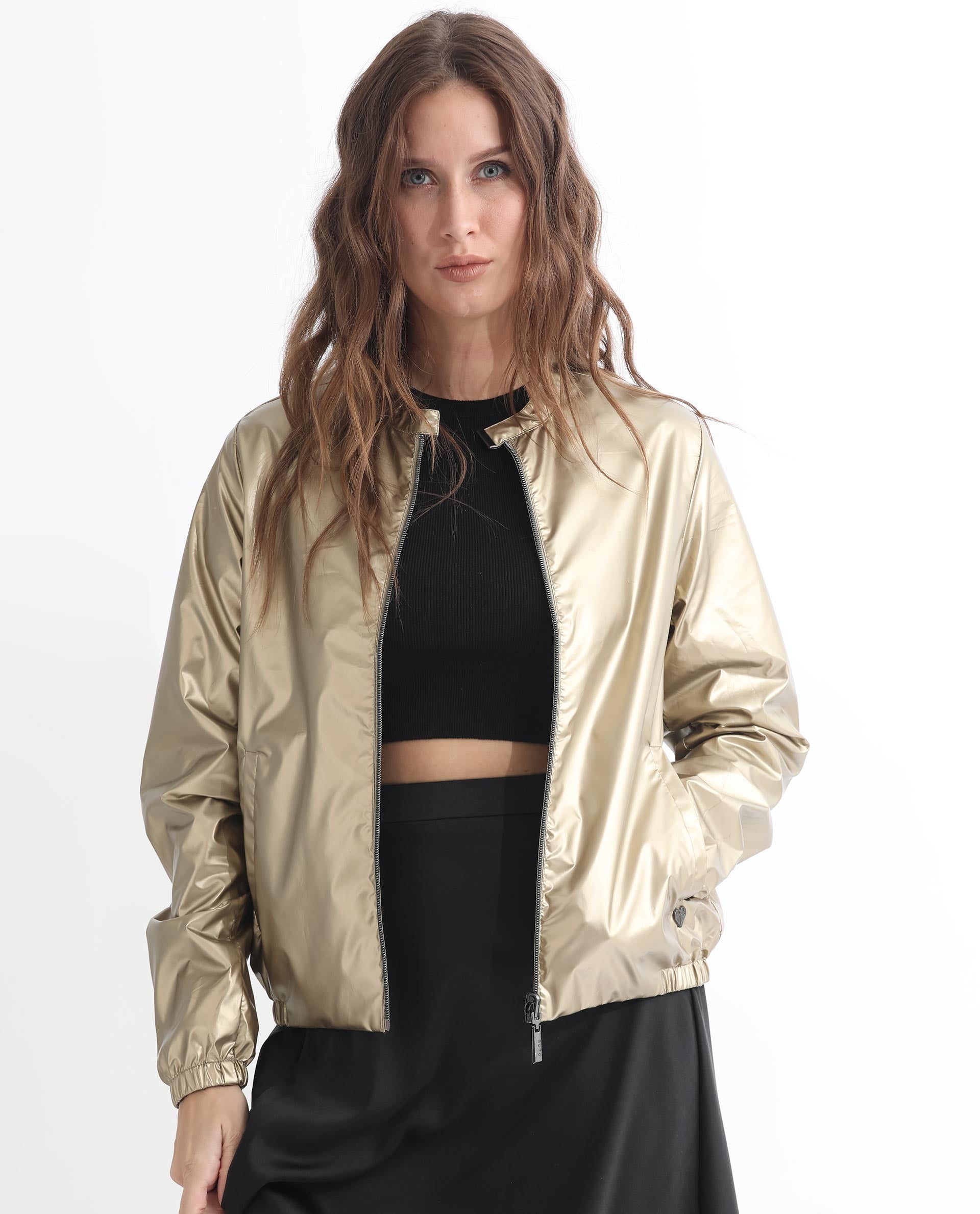 Rareism Women's Charlotte Gold Polyester Mandarin Collar Plain Regular Fit Jacket