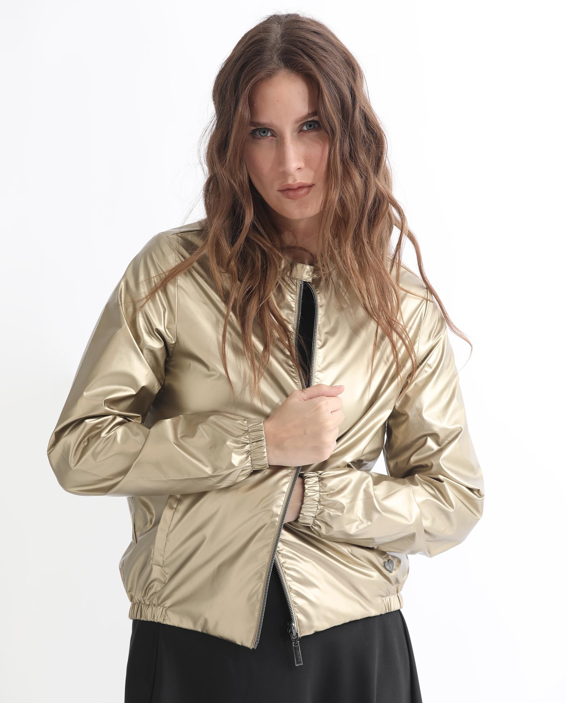 Rareism Women Charlotte Gold Polyester Fabric Full Sleeves Solid Mandarin Collar Jacket