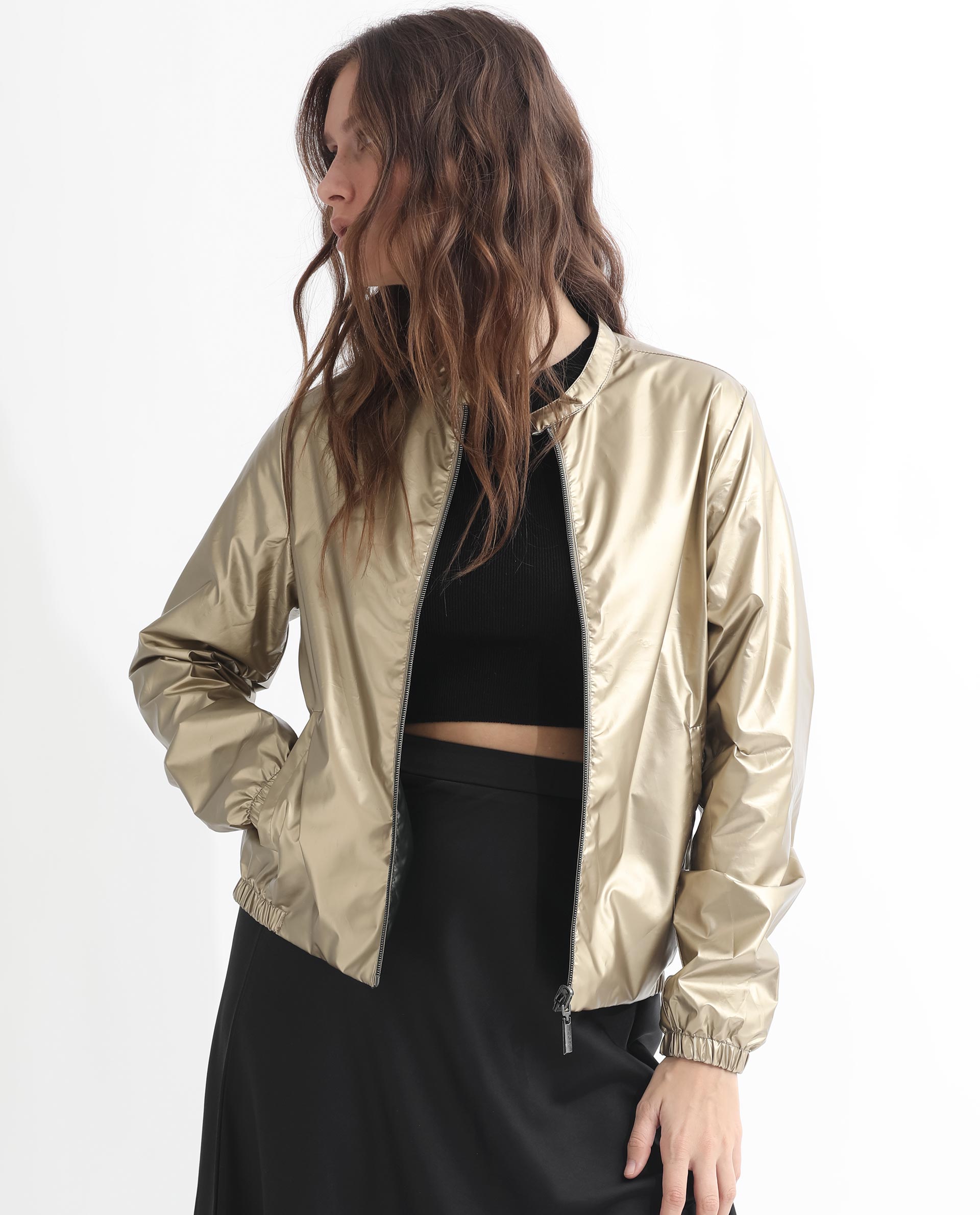 Rareism Women Charlotte Gold Polyester Fabric Full Sleeves Solid Mandarin Collar Jacket