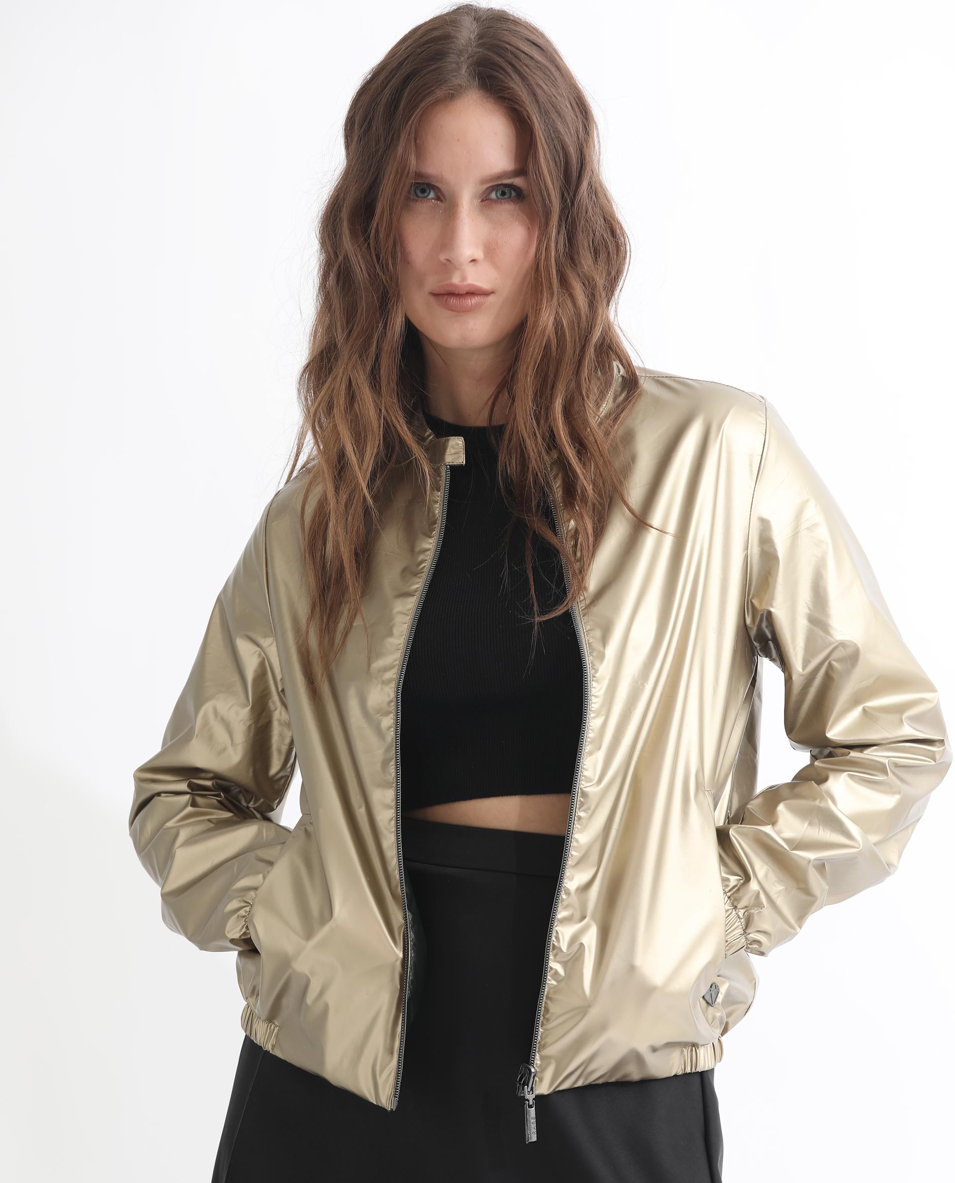 Rareism Women's Charlotte Gold Polyester Mandarin Collar Plain Regular Fit Jacket