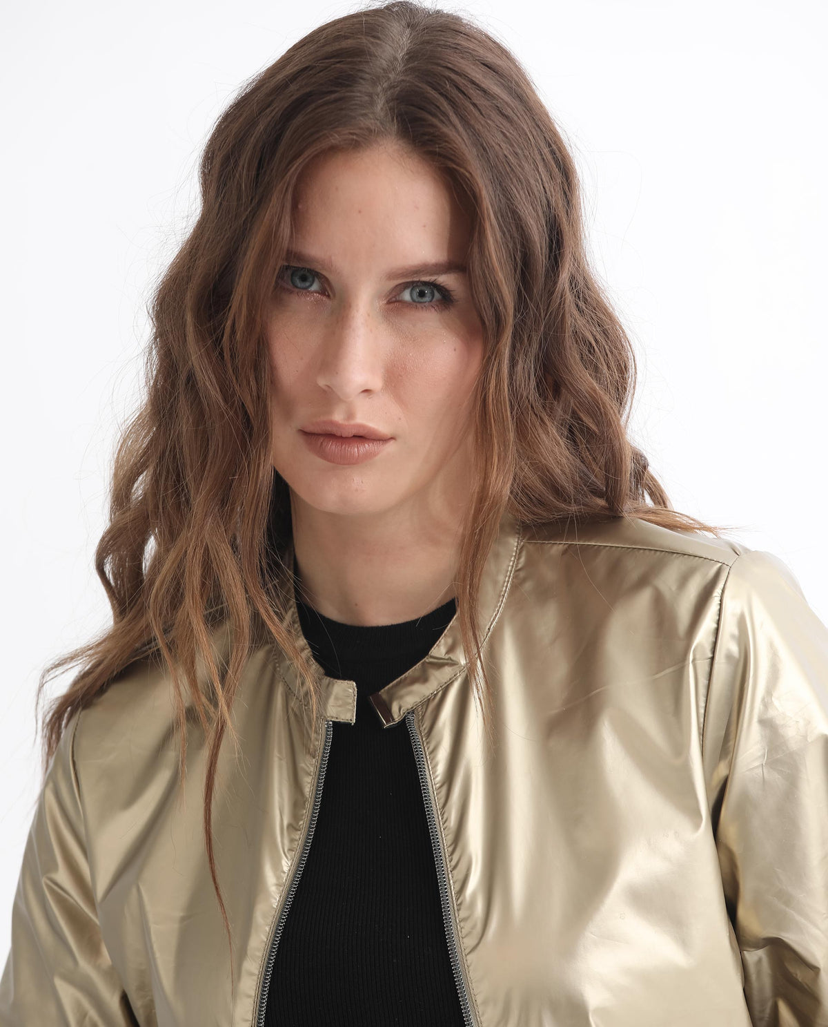 Rareism Women Charlotte Gold Polyester Fabric Full Sleeves Solid Mandarin Collar Jacket